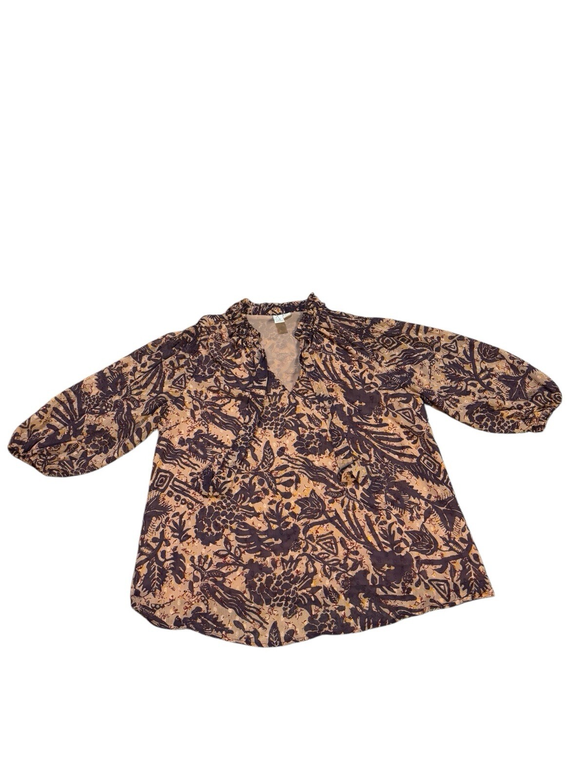 Joie 3/4 Puff Sleeve Blouse Floral Print Orange and Purple Size Medium Colorful
