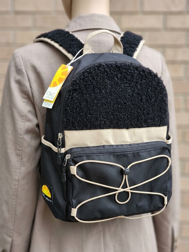 NWT C&C California Out And About Backpack Black Sherpa Fleece Laptop Daypack