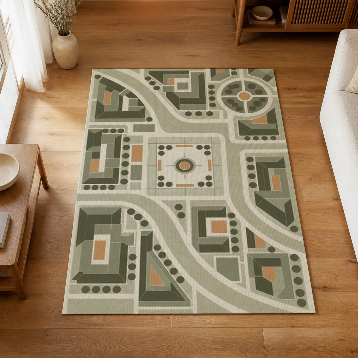Kartela City Plan Washable Geometric Map Area Rug Sage Green Non-Slip