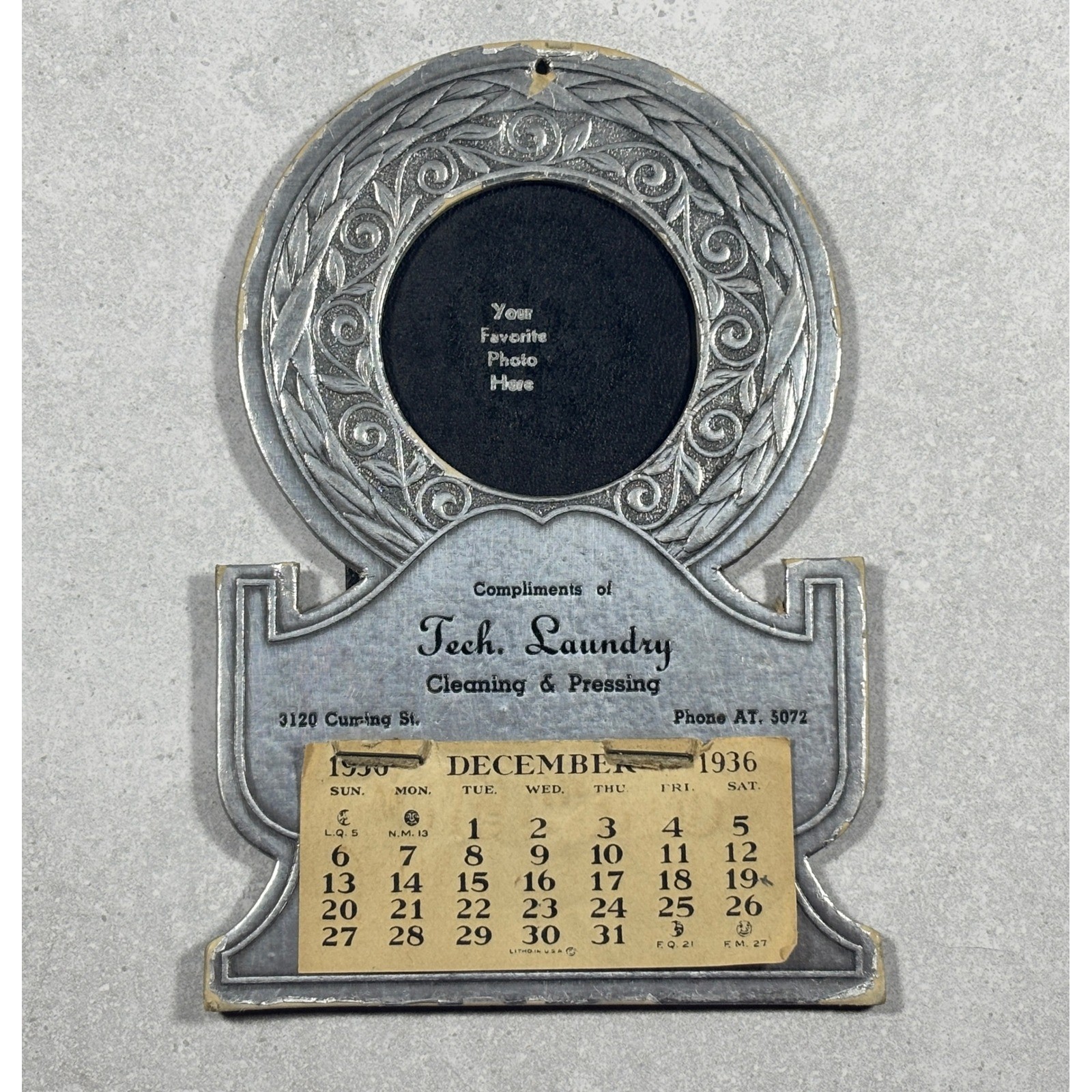 Vintage 1936 Tech Laundry Advertising Cardboard Photo Frame Calendar Art Deco