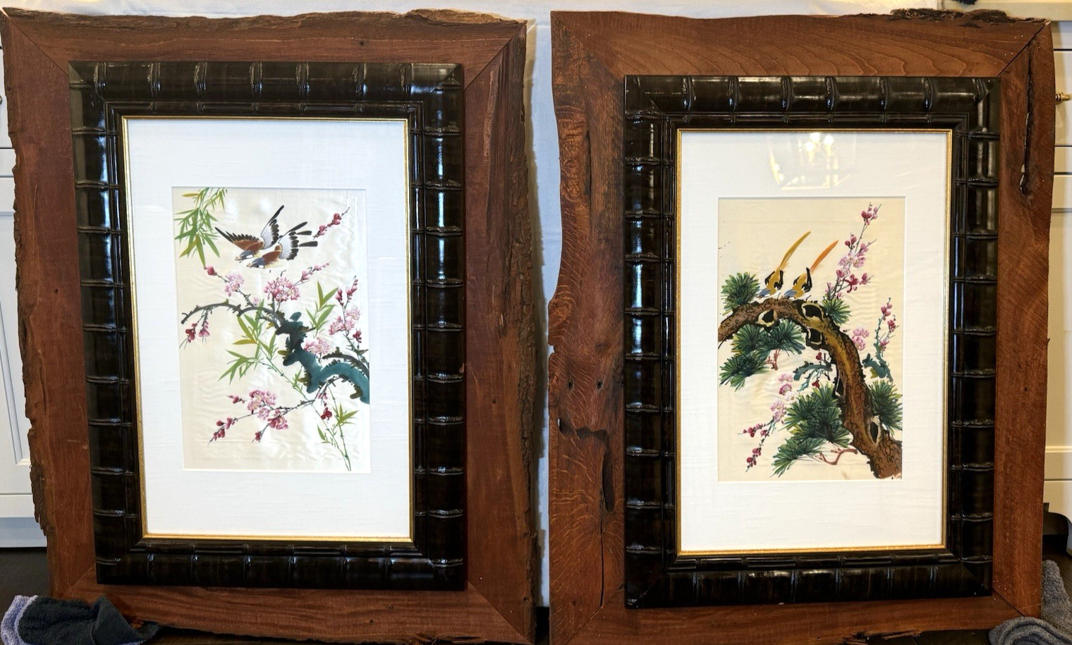 Vintage Pair Large Chinese Silk Paintings Bird & Blossom Custom Live Edge Frames