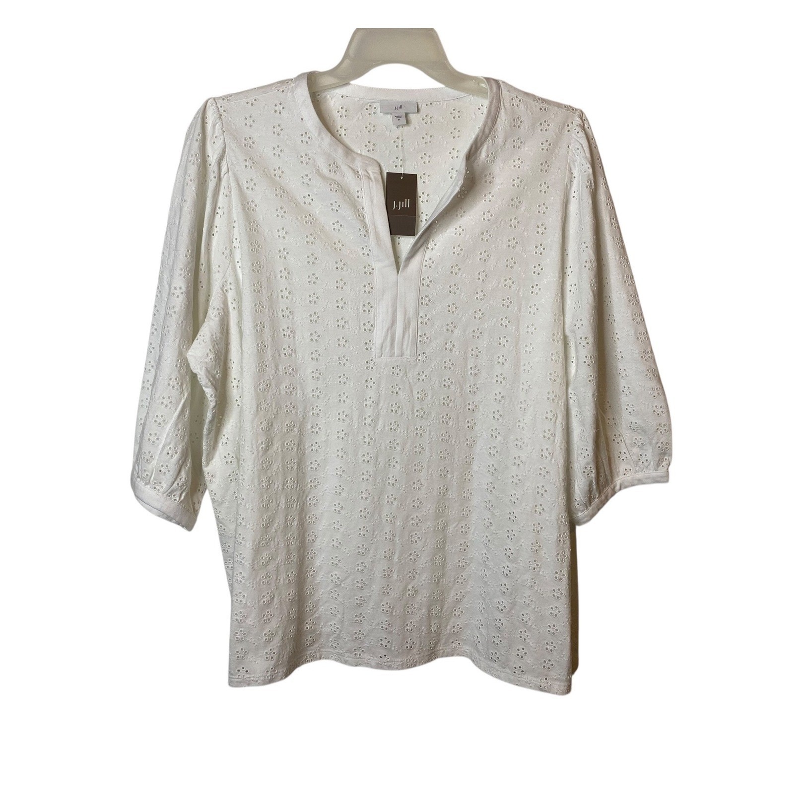 J Jill White Eyelet Pullover Blouse 3/4 Puff Sleeve V Neck Cotton Size XL NWT
