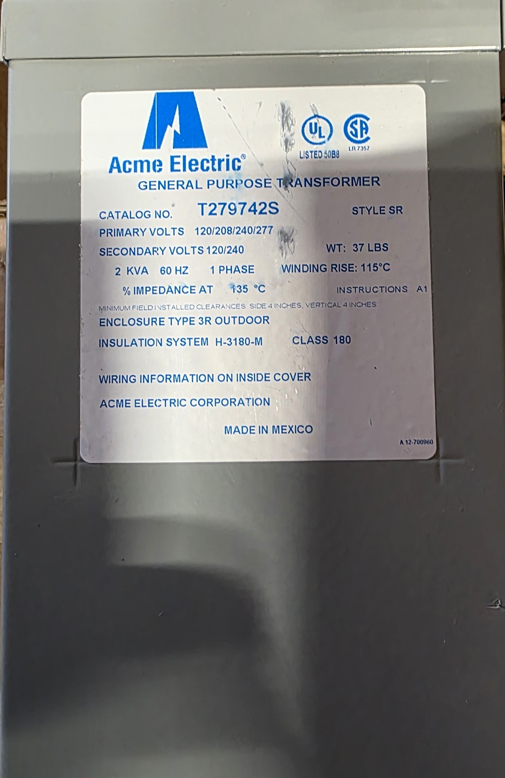 Acme Electric Corporation 2kVA General Purpose Transformer (T279742S) Acme Electric Corporation 2kVA General Purpose Transformer (T279742S)