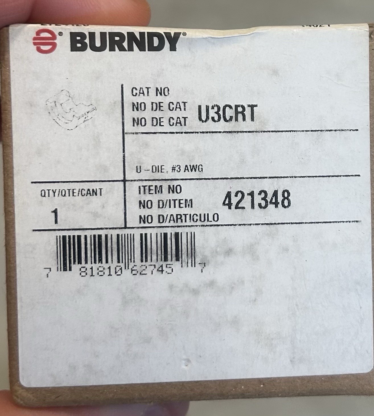 BURNDY U3CRT U-Die Crimping Die #3 AWG, Item No. 421348