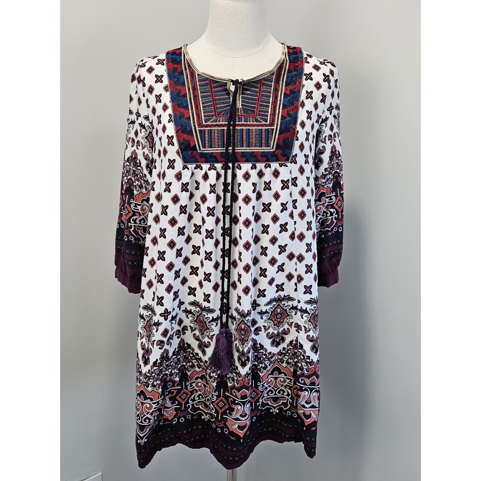 Umgee USA Boho Embroidered Tunic Dress Burgundy Cream Size S A2633 Umgee USA Boho Embroidered Tunic Dress Burgundy Cream Size S A2633