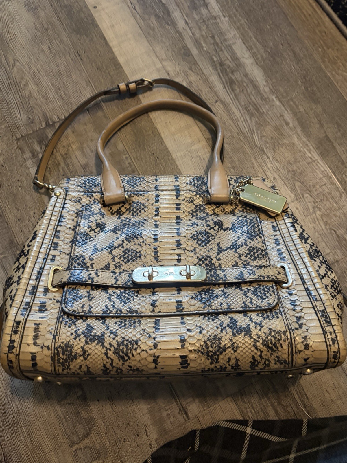Coach Swagger Exotic Python Snake Leather Satchel Handbag Beige Black Gold Purse