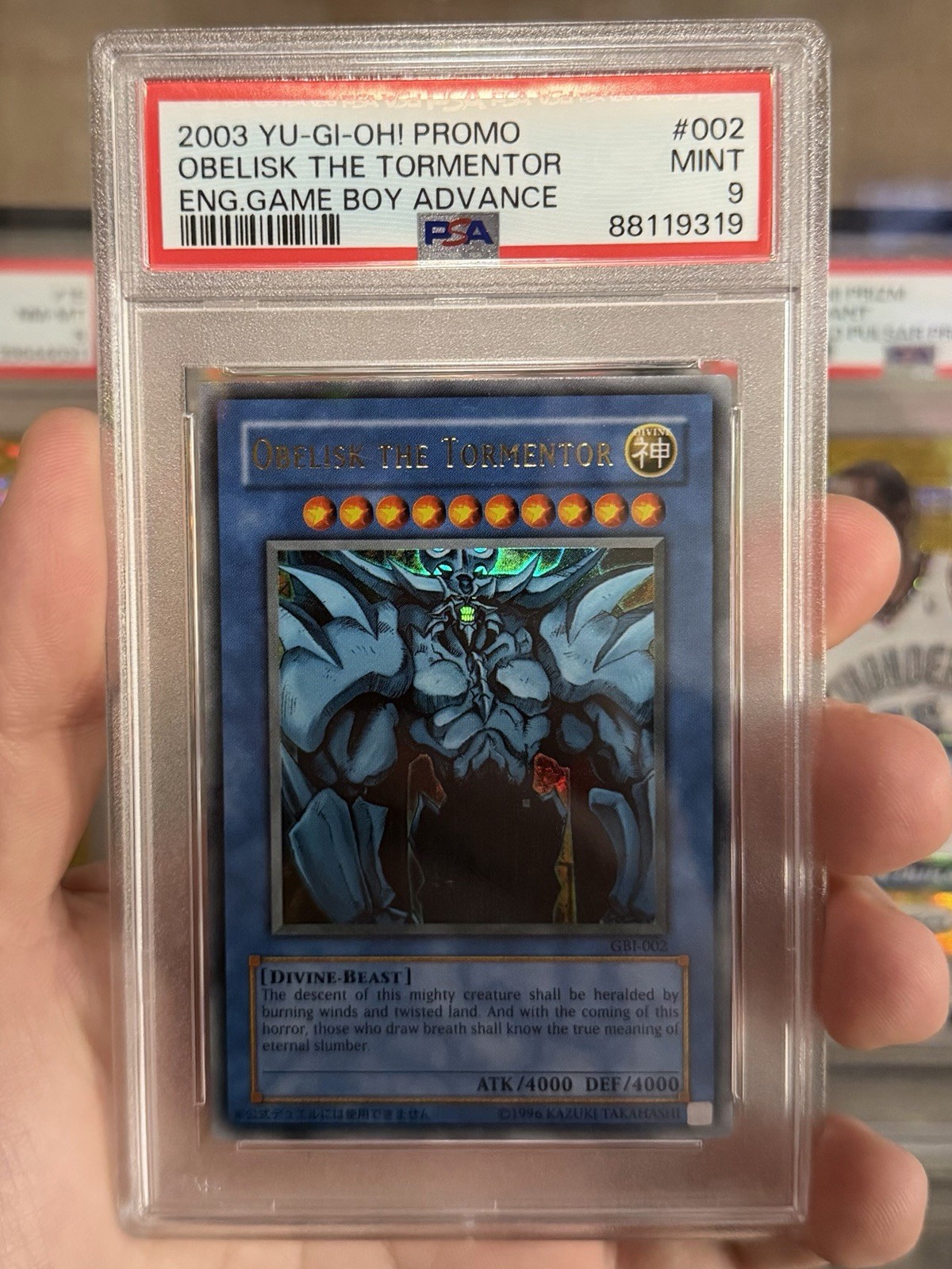 2003 YU-GI-OH PROMO GAME BOY ADVANCE #002 OBELISK THE TORMENTOR Holo Foil Psa 9 2003 YU-GI-OH PROMO GAME BOY ADVANCE #002 OBELISK THE TORMENTOR Holo Foil Psa 9