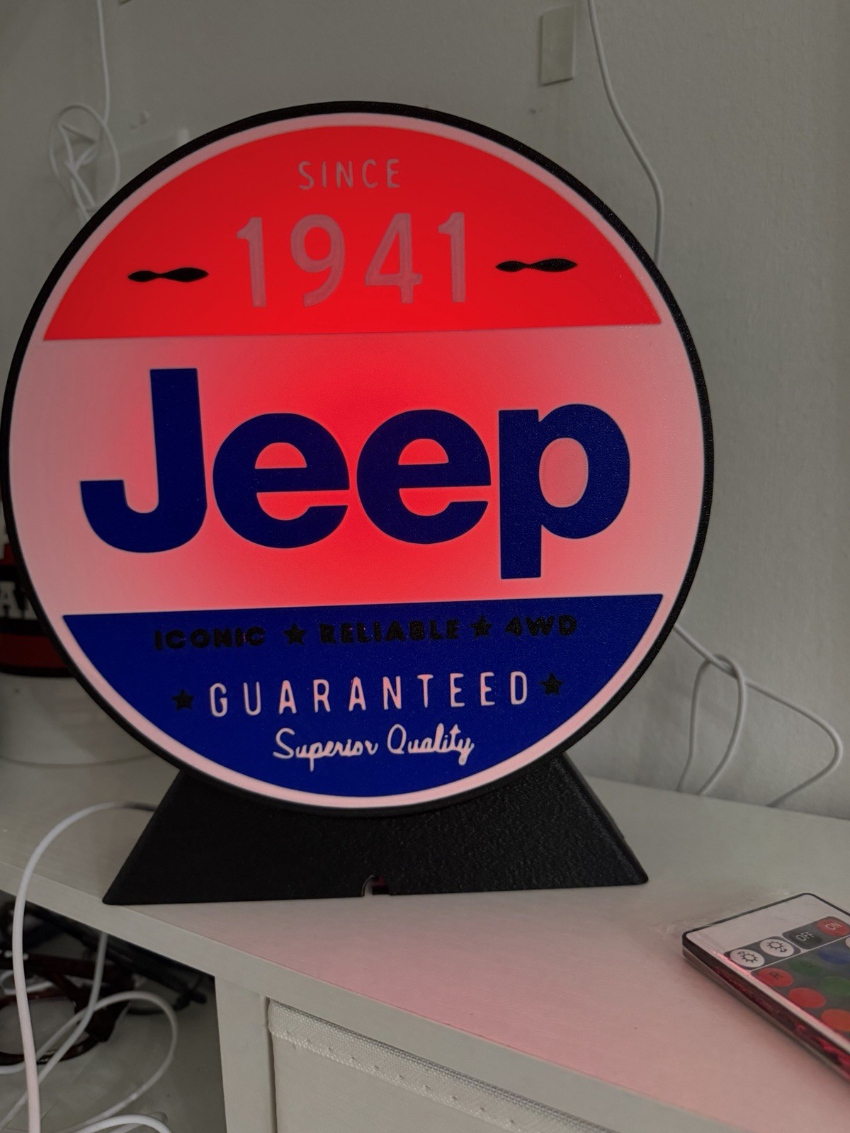 Jeep Since 1941 Round Lighted Advertising Sign Red White Blue Black Repro