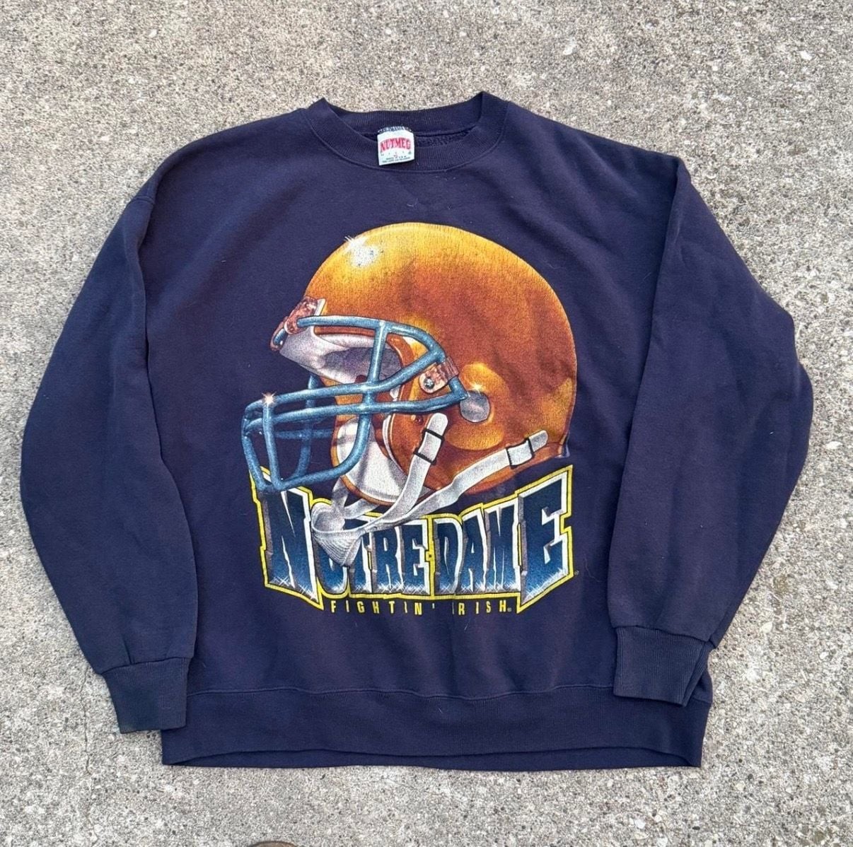 Vintage 90s Nutmeg Mills Notre Dame Fighting Irish Football Helmet sweatshirt
