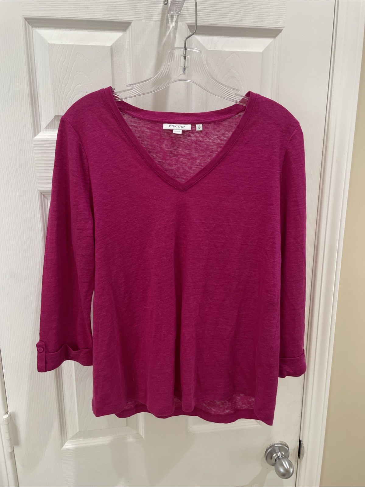Chicos Gorgeous Fuchsia Linen Top Sz 1 3/4 Sleeve Pullover  Blouse beautiful
