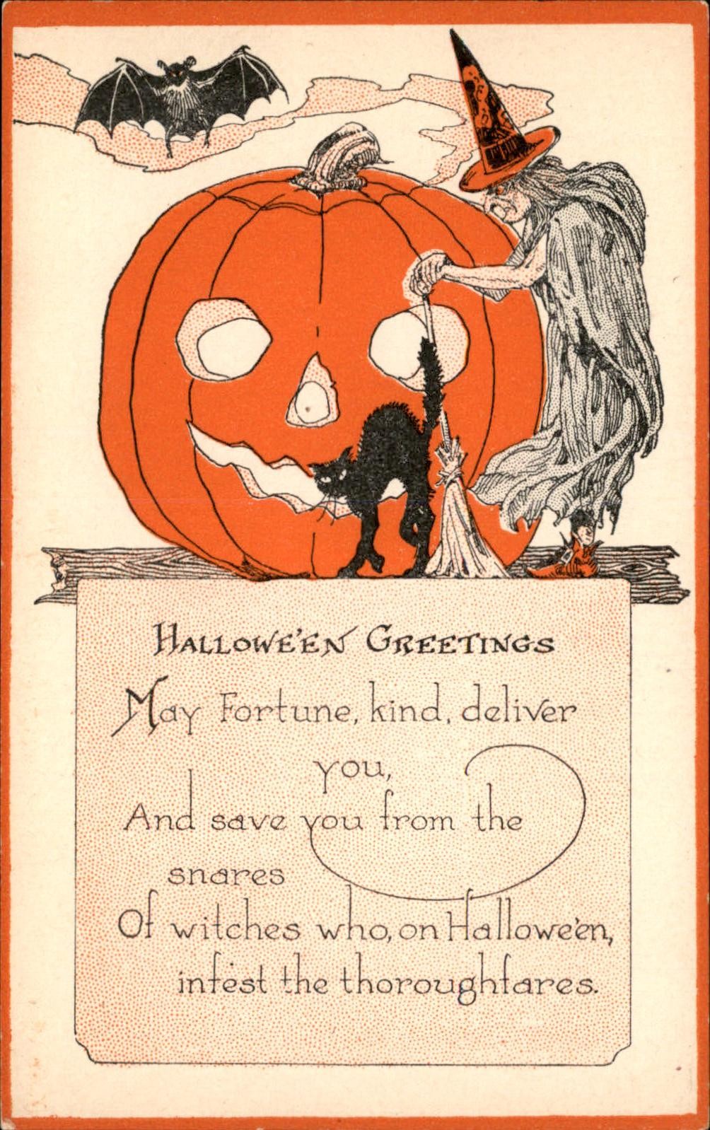 Halloween witch and jack-o'-lantern c1910s RARE CARD Publisher? Postcard bhn Halloween witch and jack-o'-lantern c1910s RARE CARD Publisher? Postcard bhn