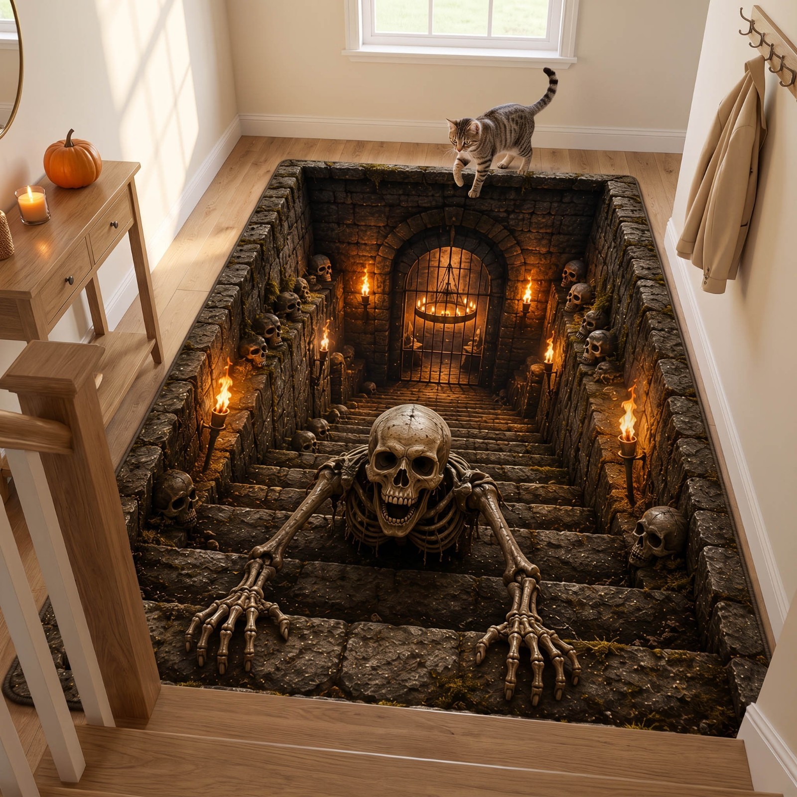 Skeleton Dungeon Staircase Area Rug, Scary Halloween 3D Illusion Floor Mat