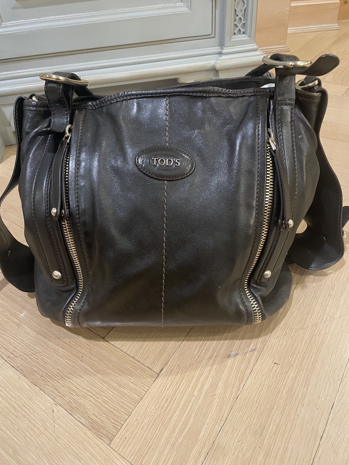 Tod\'s Brown Calf Leather Tote Handbag w/ Double Zipper Detail Large