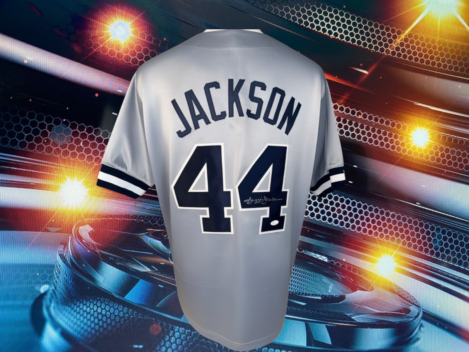 REGGIE JACKSON AUTOGRAPHED CUSTOM NEW YORK YANKEES GREY JERSEY JSA AUTHENTICATED