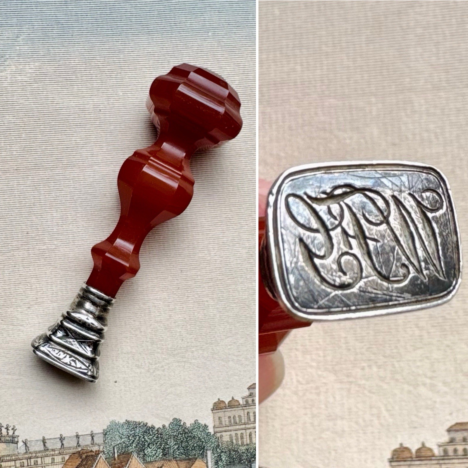 Antique Late Georgian Carved Carnelian Agate & Silver Desk Seal w/ WFG Monogram Antique Late Georgian Carved Carnelian Agate & Silver Desk Seal w/ WFG Monogram
