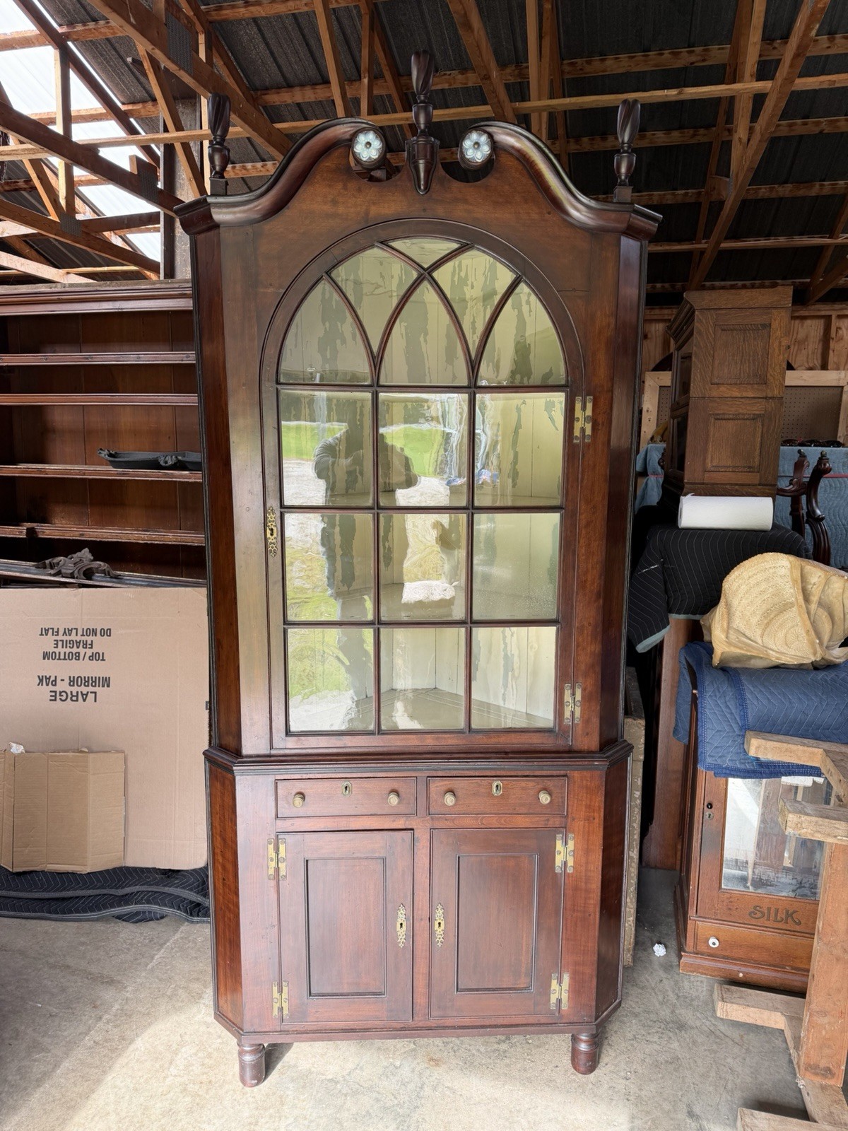 Period Early 19th Century Cherry Two Part Corner Cupboard Broken Arch Antique