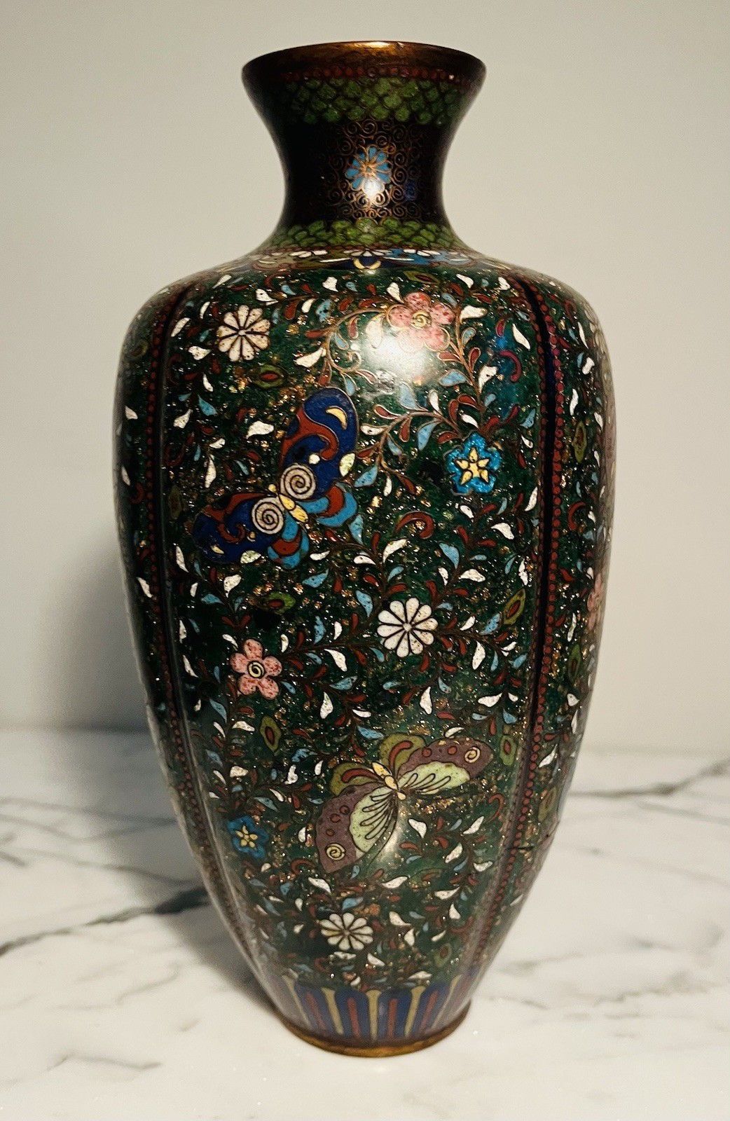VTG Cloisonné BUTTERFLY Brass Bronze 4 Panel Signed Asian Enamel Meiji Vase