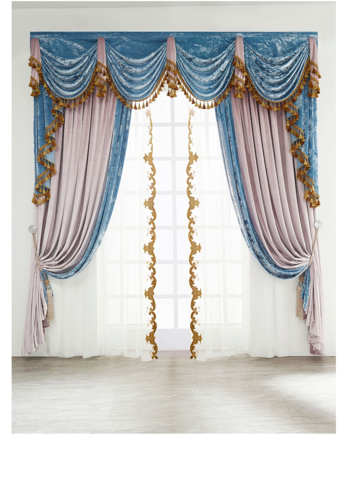luxury European blue grey Embroidery  valance window Velvet curtain tulle M1765