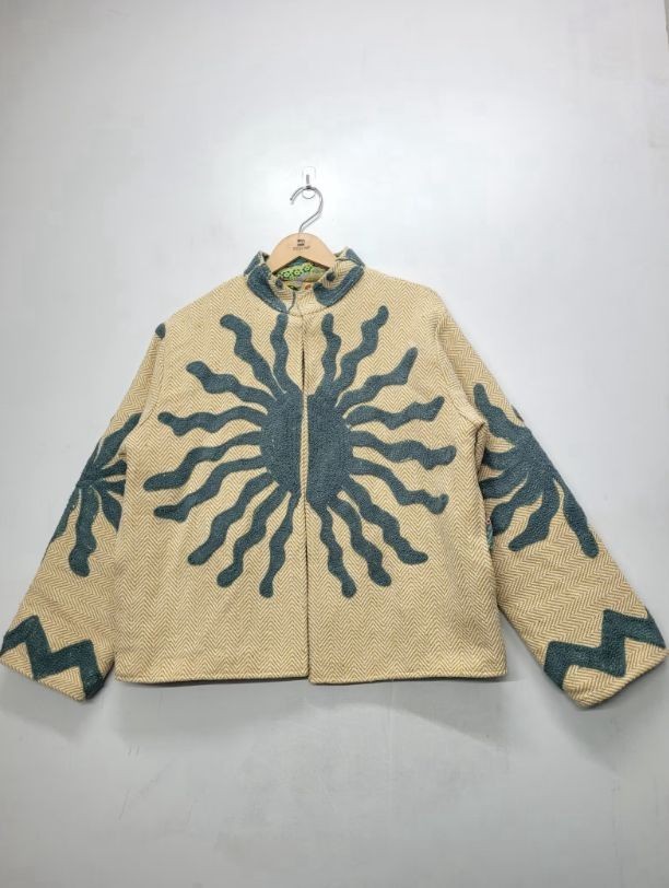 Womens Boho Abstract Sunburst Applique Herringbone Woven Jacket Coat Grey Suzani Womens Boho Abstract Sunburst Applique Herringbone Woven Jacket Coat Grey Suzani