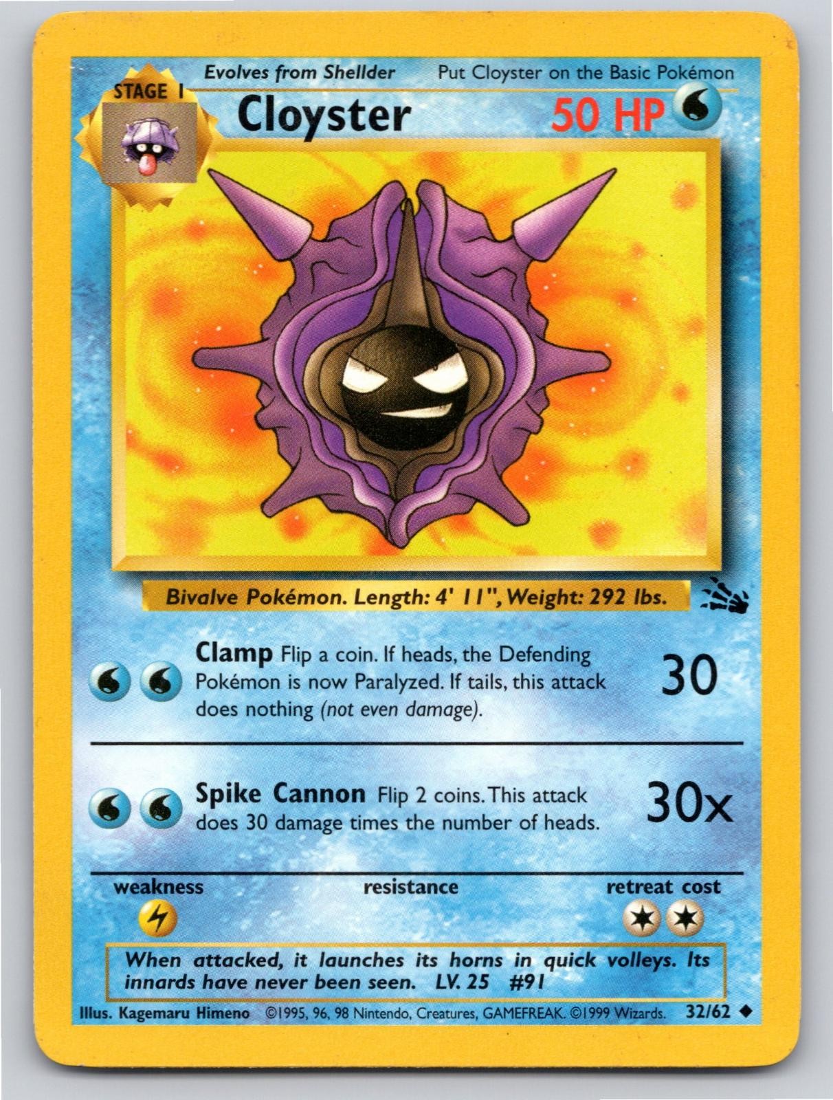 1999 POKEMON CLOYSTER FOSSIL 32/62 UNLIMITED UC NM A88493 FREE S&H