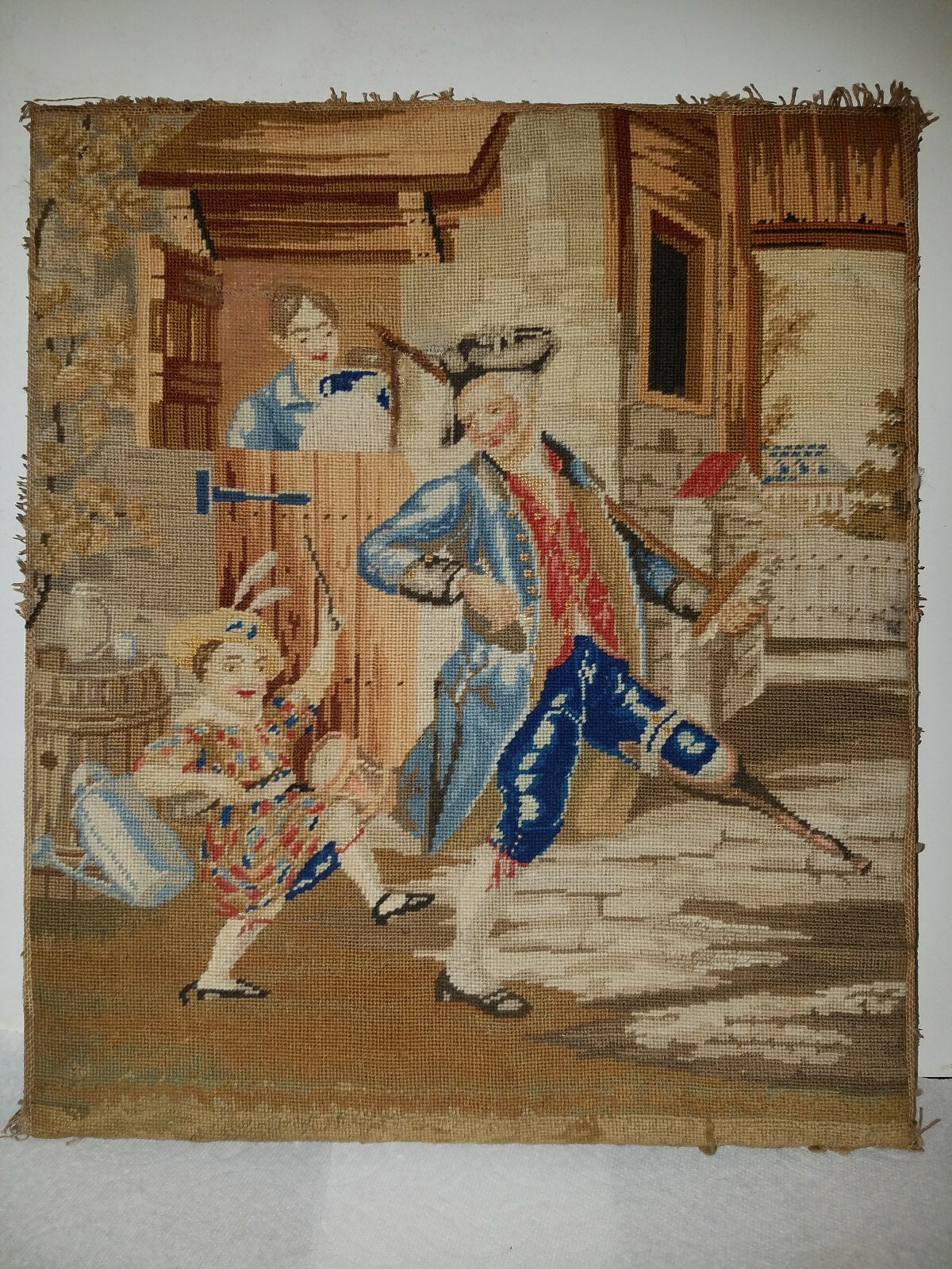 Early Victorian Needlepoint Embroidery Sampler Panel, Drummer Boy & Soldier Early Victorian Needlepoint Embroidery Sampler Panel, Drummer Boy & Soldier