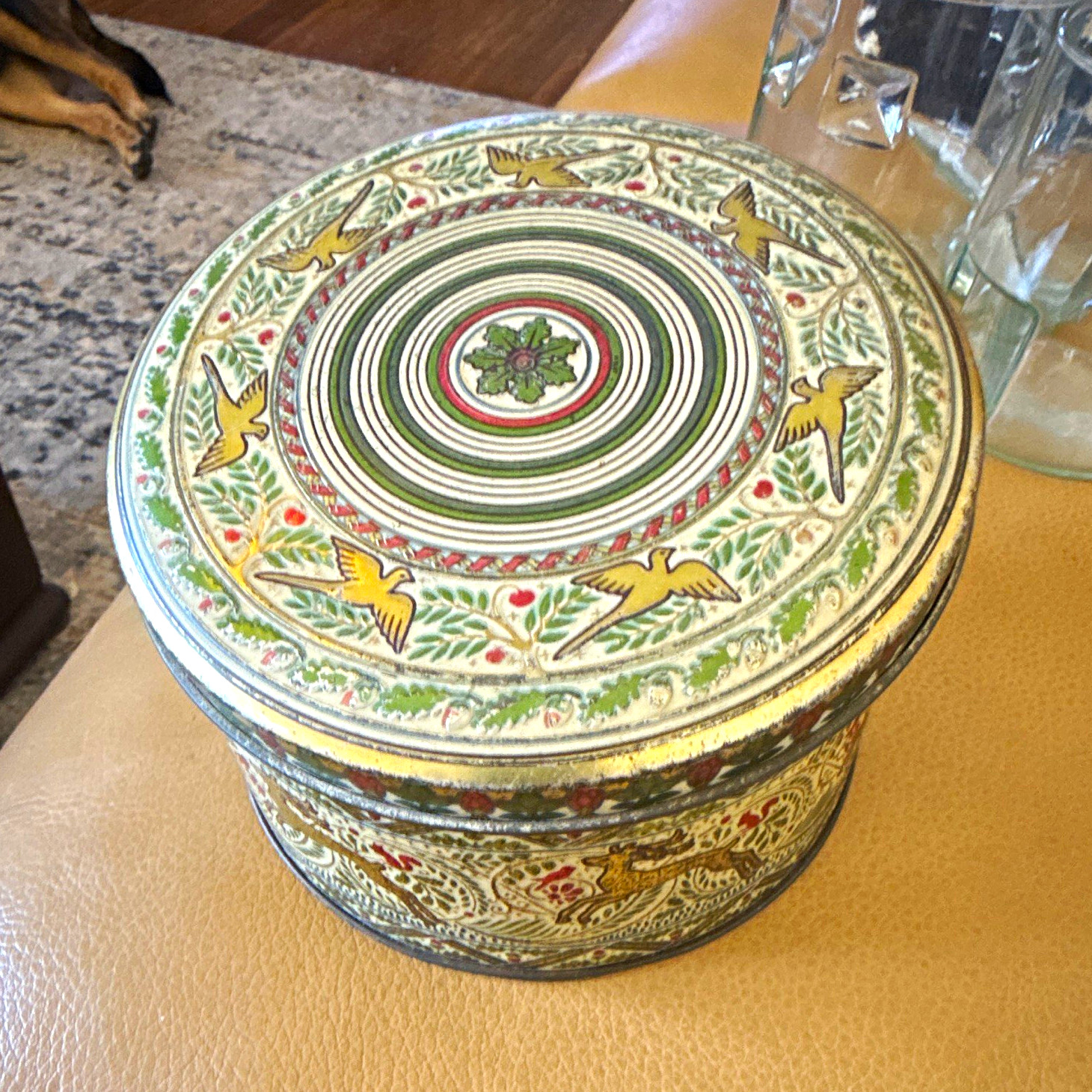 English 1930 Tin Biscuit with Lid, Floral Bird Pattern. Lovely