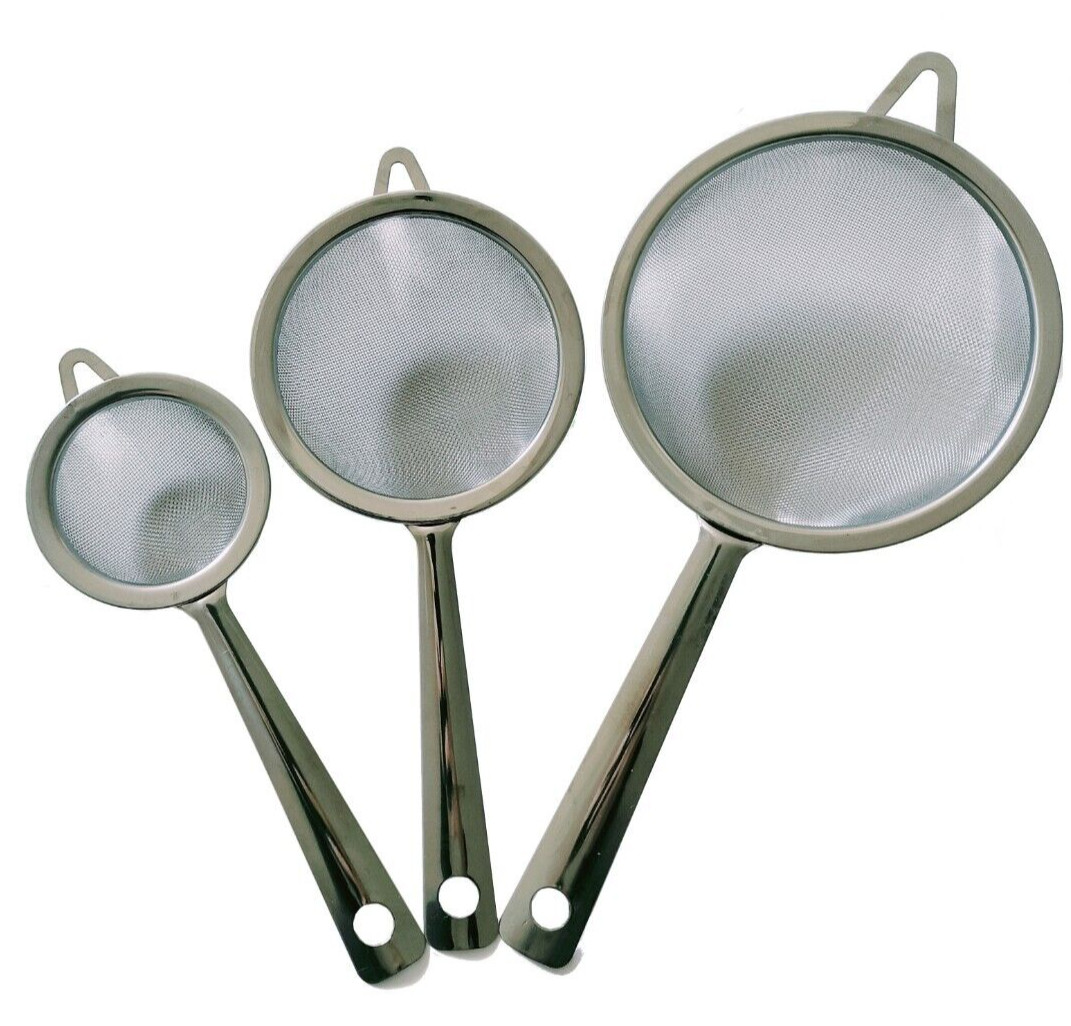 3Pcs Set Kitchen Fine Mesh Stainless Steel Oil Strainer Flour Colander Sifter