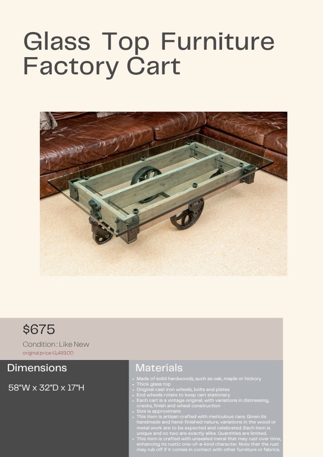 Glass Top Factory Cart Coffee Table – Industrial Vintage Style – Solid Wood RH