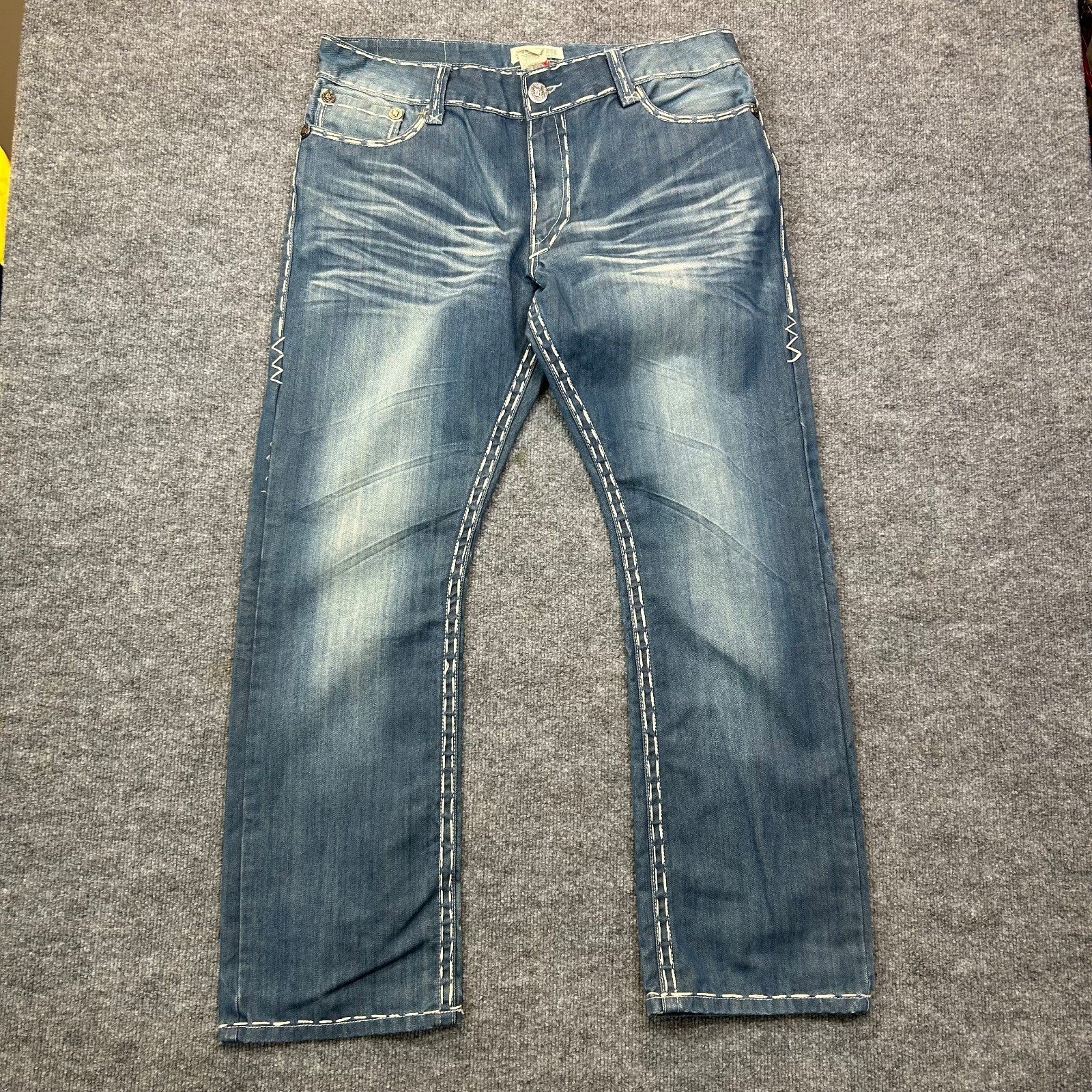 Platini Premium Jeans Men\'s Blue Denim Contrast Stitching Straight Fit - 39X32