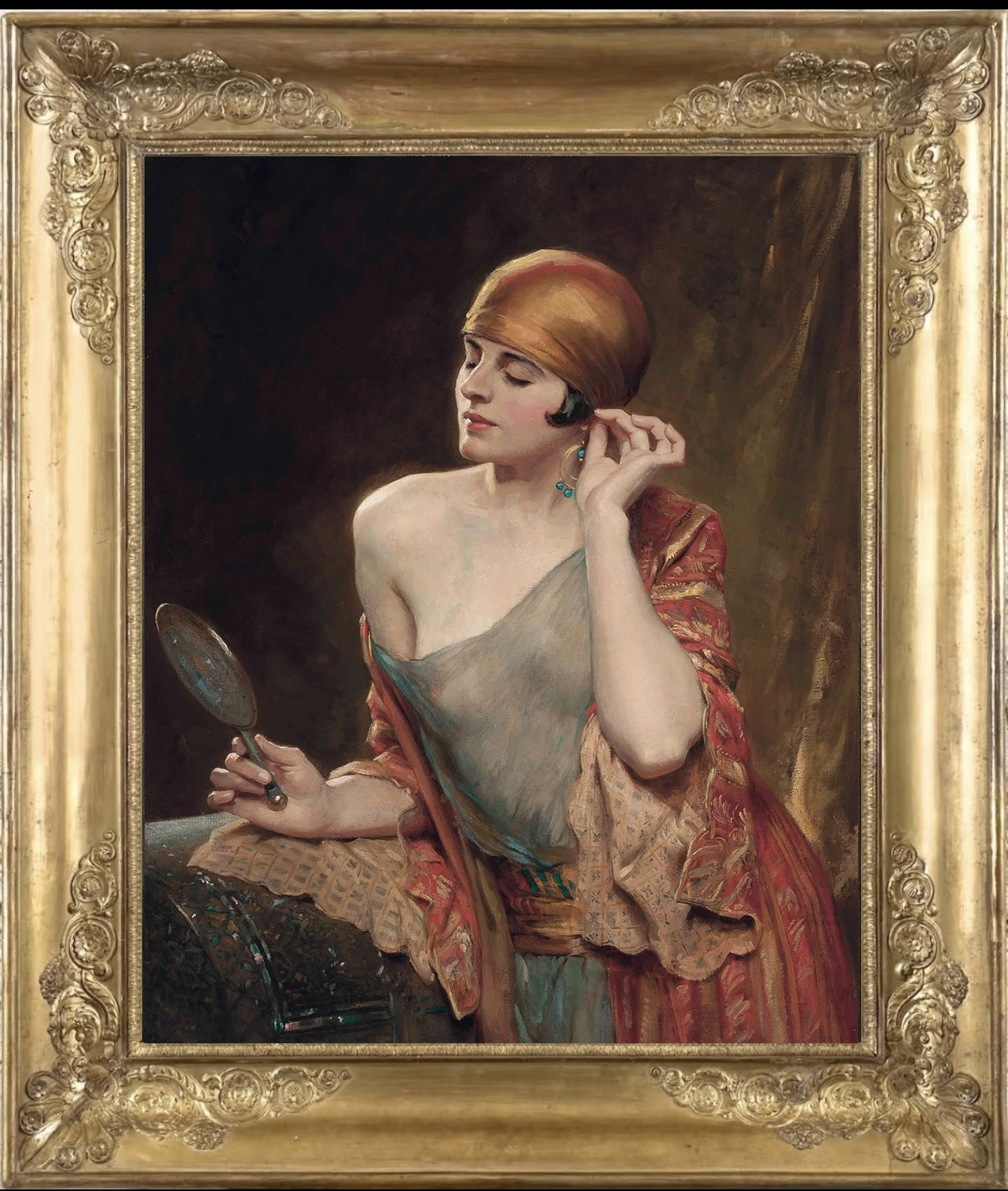 Hand Painted Classical Oil Painting Woman Applying Earrings Art Vintage Style Hand Painted Classical Oil Painting Woman Applying Earrings Art Vintage Style