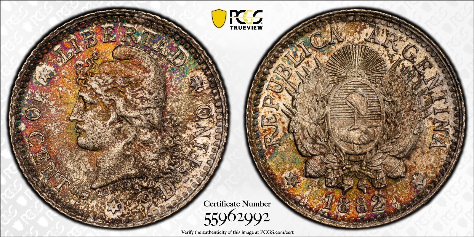 MS66 1882 10C Venezuela Silver 10 Centavos, PCGS- Rainbow Toned SOLO TOP POP MS66 1882 10C Venezuela Silver 10 Centavos, PCGS- Rainbow Toned SOLO TOP POP