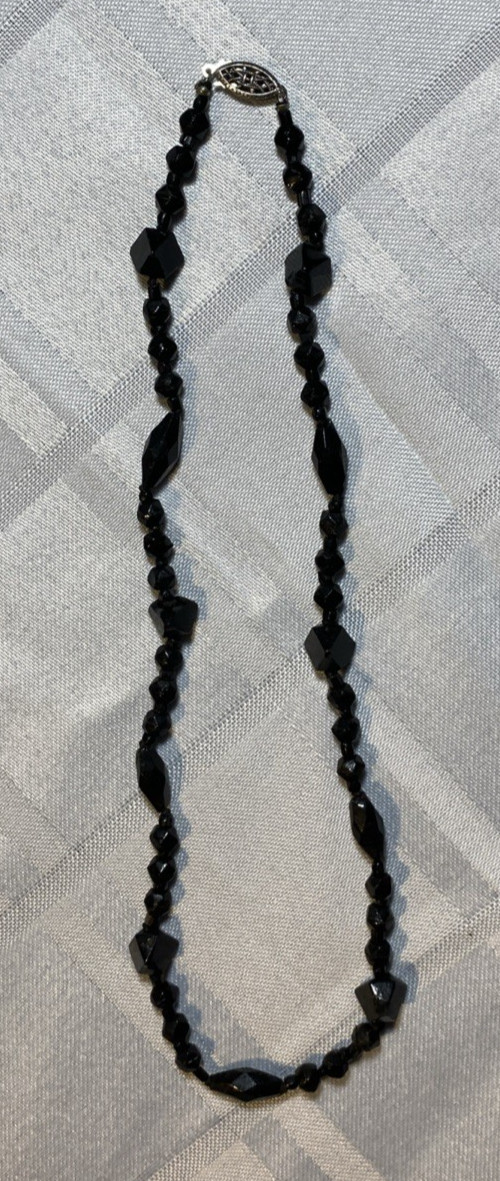 Vintage Art Deco Black Faceted Glass Bead Necklace Sterling Silver Clasp 1930s