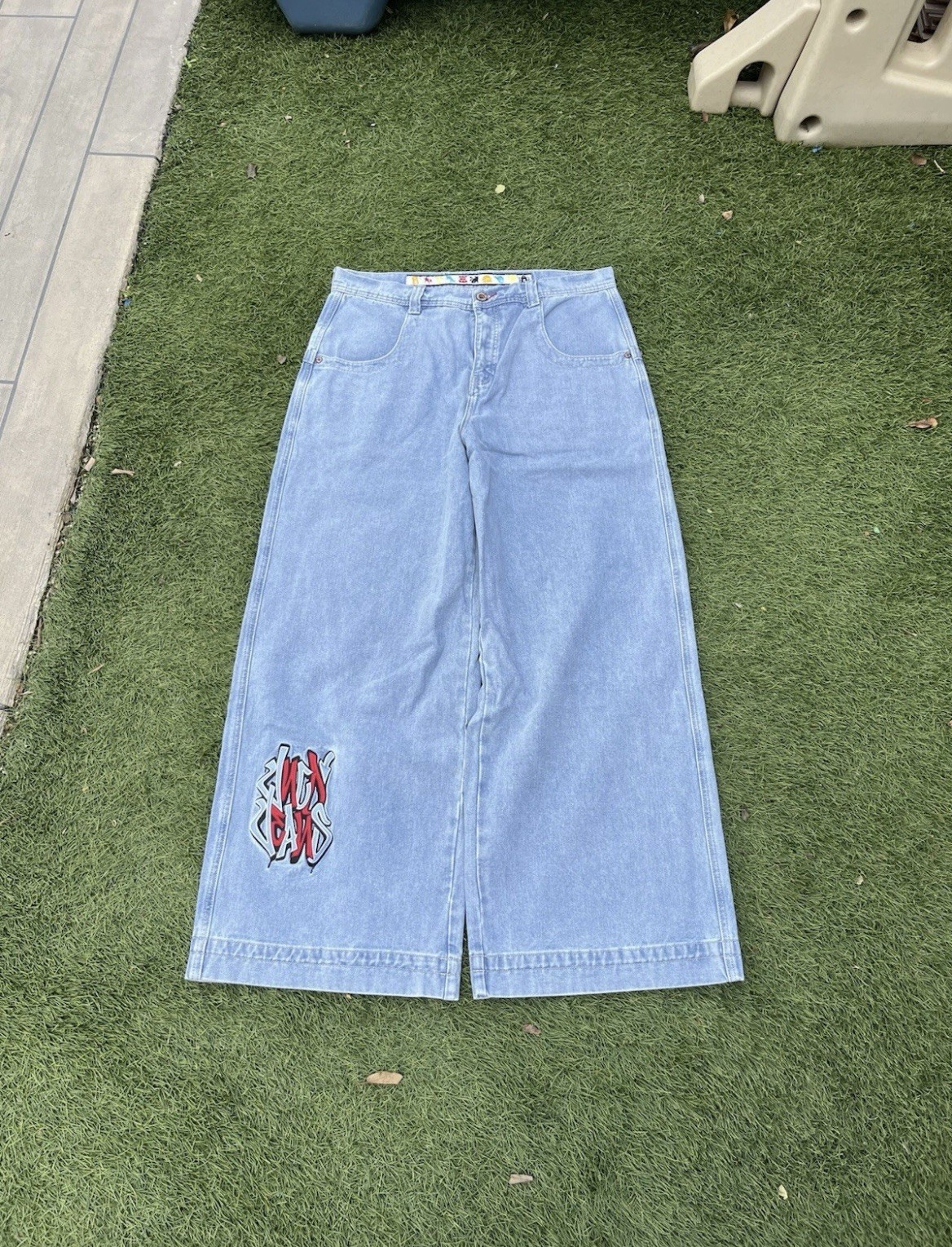 Wide Leg Baggy Skater Y2K Light Blue Rollin JNCO Jeans (34x32, 26in leg opening)