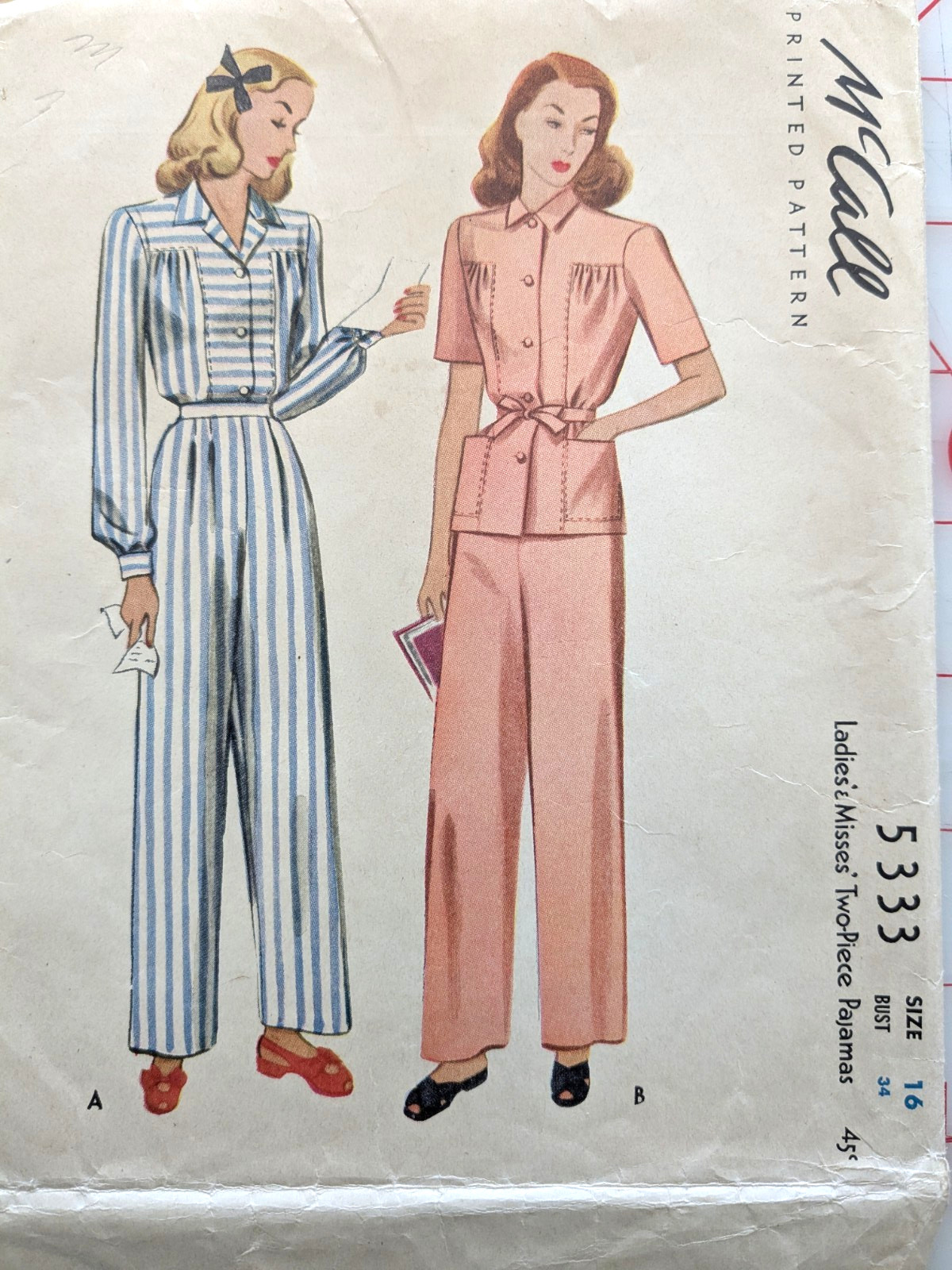 Vintage McCall 5333 2 Pc PAJAMAS Printed Pattern Dated 1943 CUT Size 16 (Sz 12)K