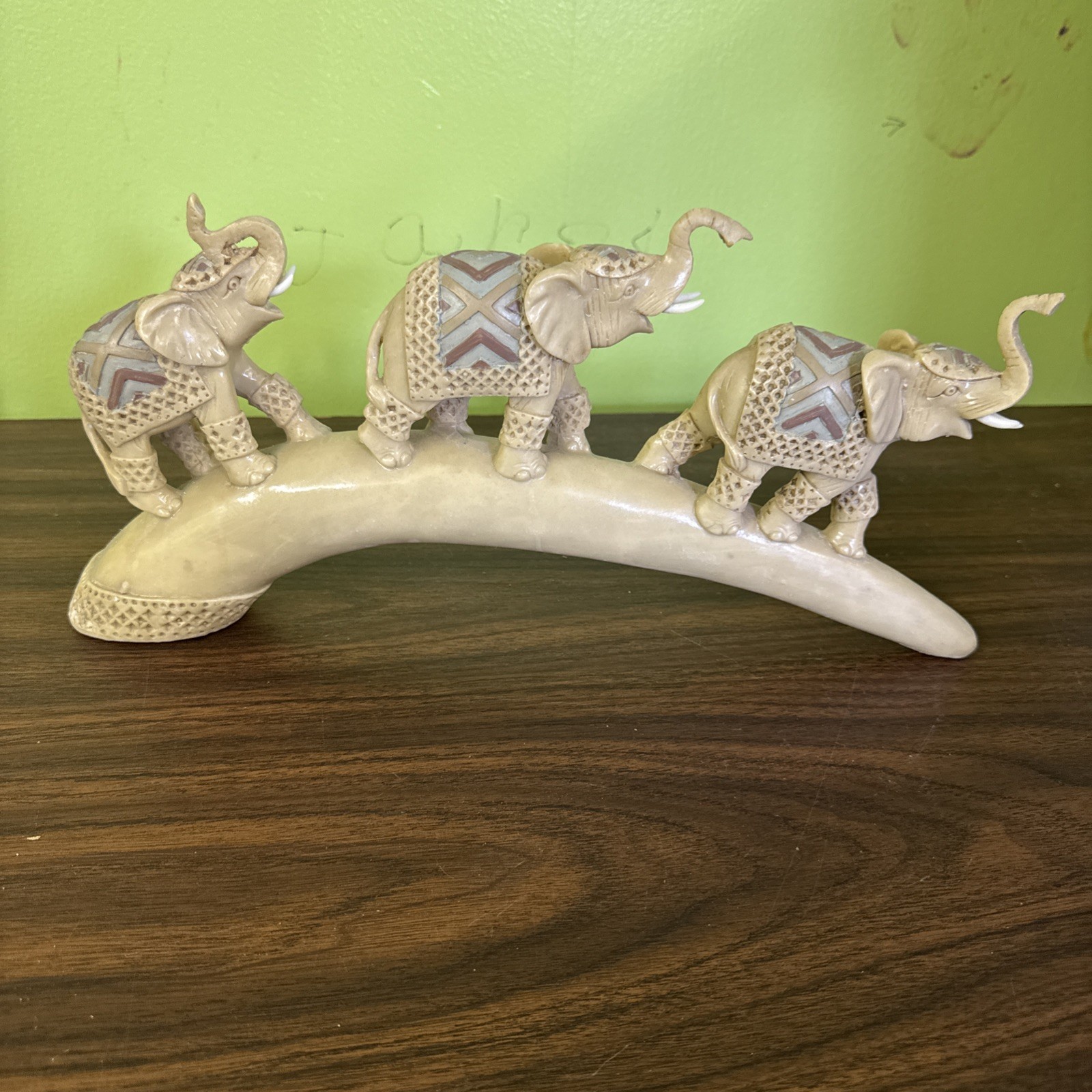 Vintage Elephant Figurine Sculpture Faux Ivory Tusk Resin Safari Decor 15” Long