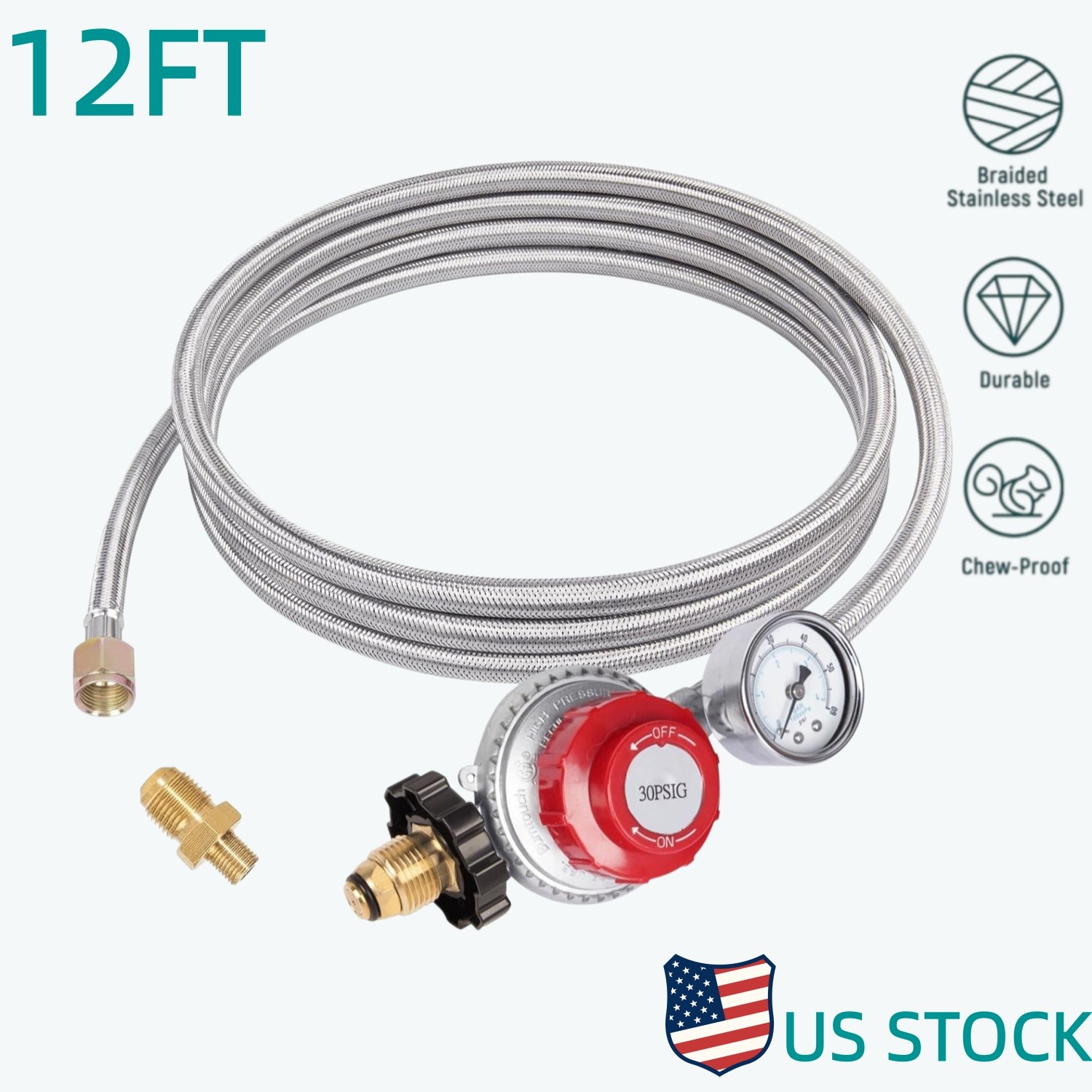 12 ft High Pressure Adjustable Propane Gas Regulator with Braided Hose Indicator 12 ft High Pressure Adjustable Propane Gas Regulator with Braided Hose Indicator