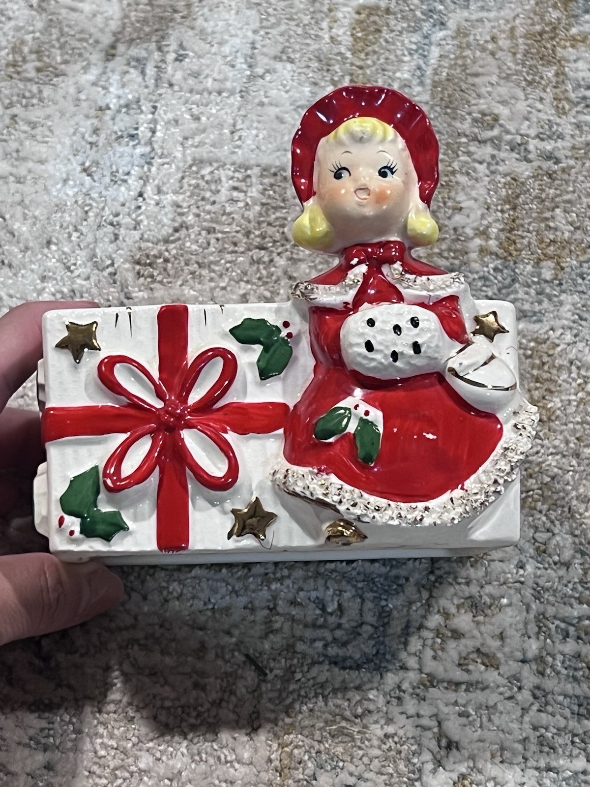 Vintage Relco Christmas Girl Planter Spaghetti Trim Vintage Relco Christmas Girl Planter Spaghetti Trim