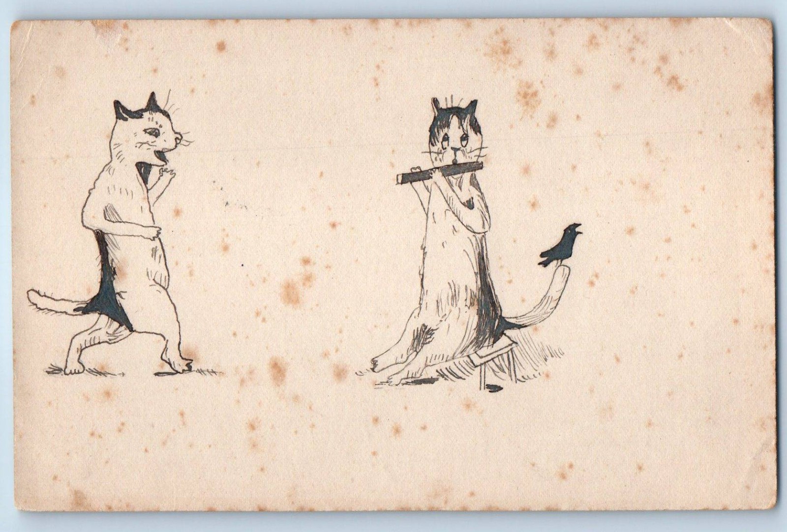 c1910\'s Two Cat Playing Flute Hand Drawn Art Animals Posted Antique Postcard c1910\'s Two Cat Playing Flute Hand Drawn Art Animals Posted Antique Postcard