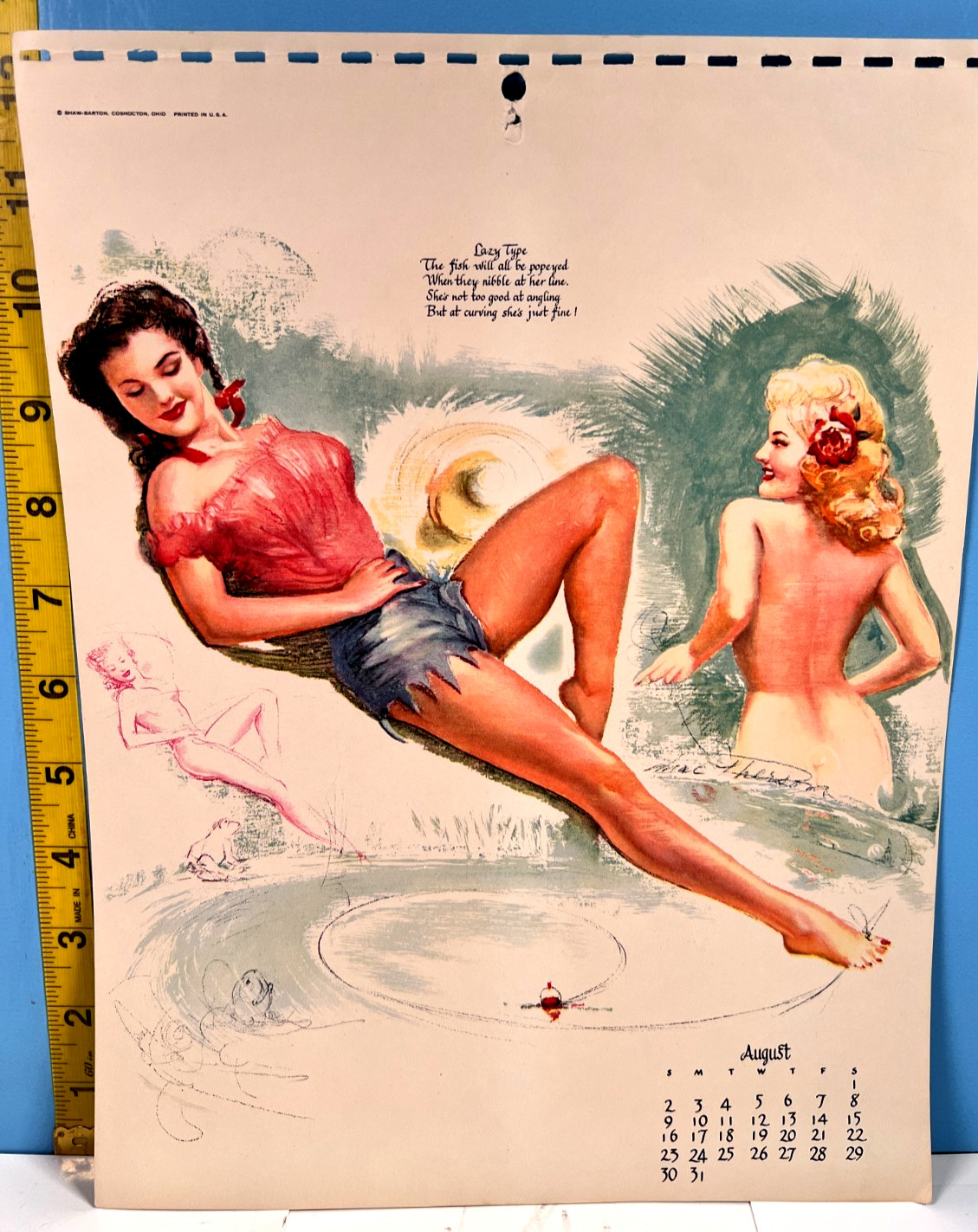 1953 Aug. Earl MacPherson Pinup Girl Sketchbook Calendar Page \