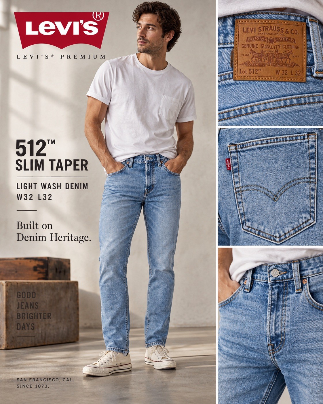 Levi’s Premium 512 Jeans Men’s 32x32 Light Wash Slim Taper Acid Wash Denim