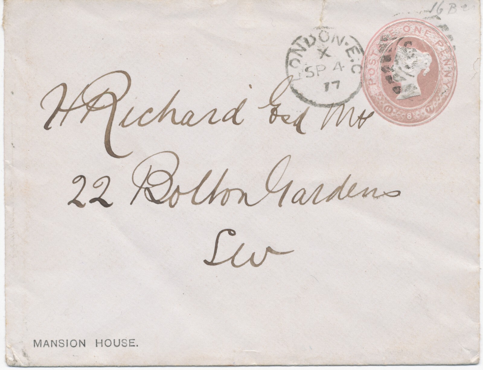 GB 1877 QV 1d pink (dated 18 8 77) VFU rare stamped to order (MANSION HOUSE LOND
