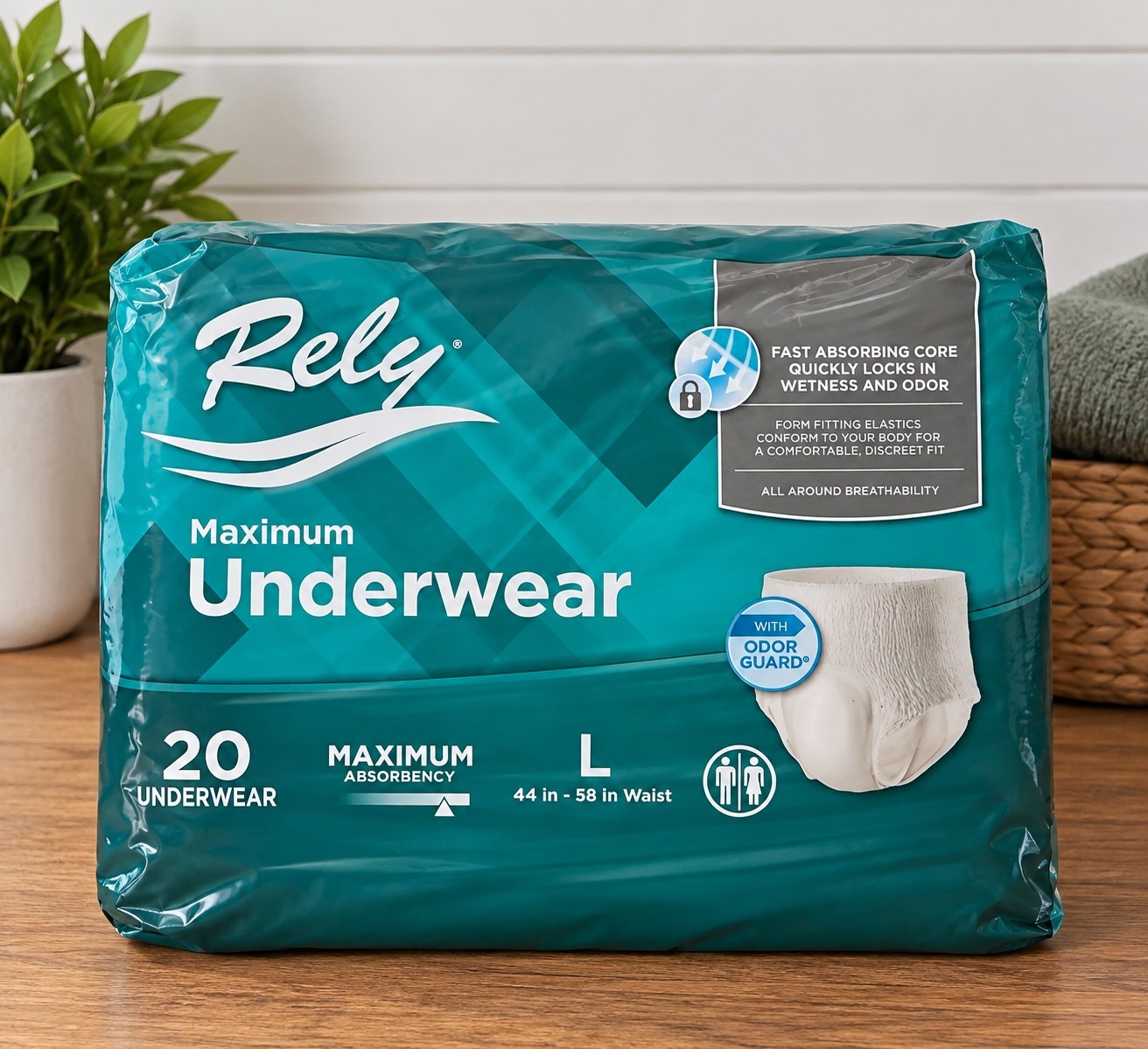 Rely Unisex Adult Underwear, Maximum Absorbency, Size Large, Pack of 20 Rely Unisex Adult Underwear, Maximum Absorbency, Size Large, Pack of 20