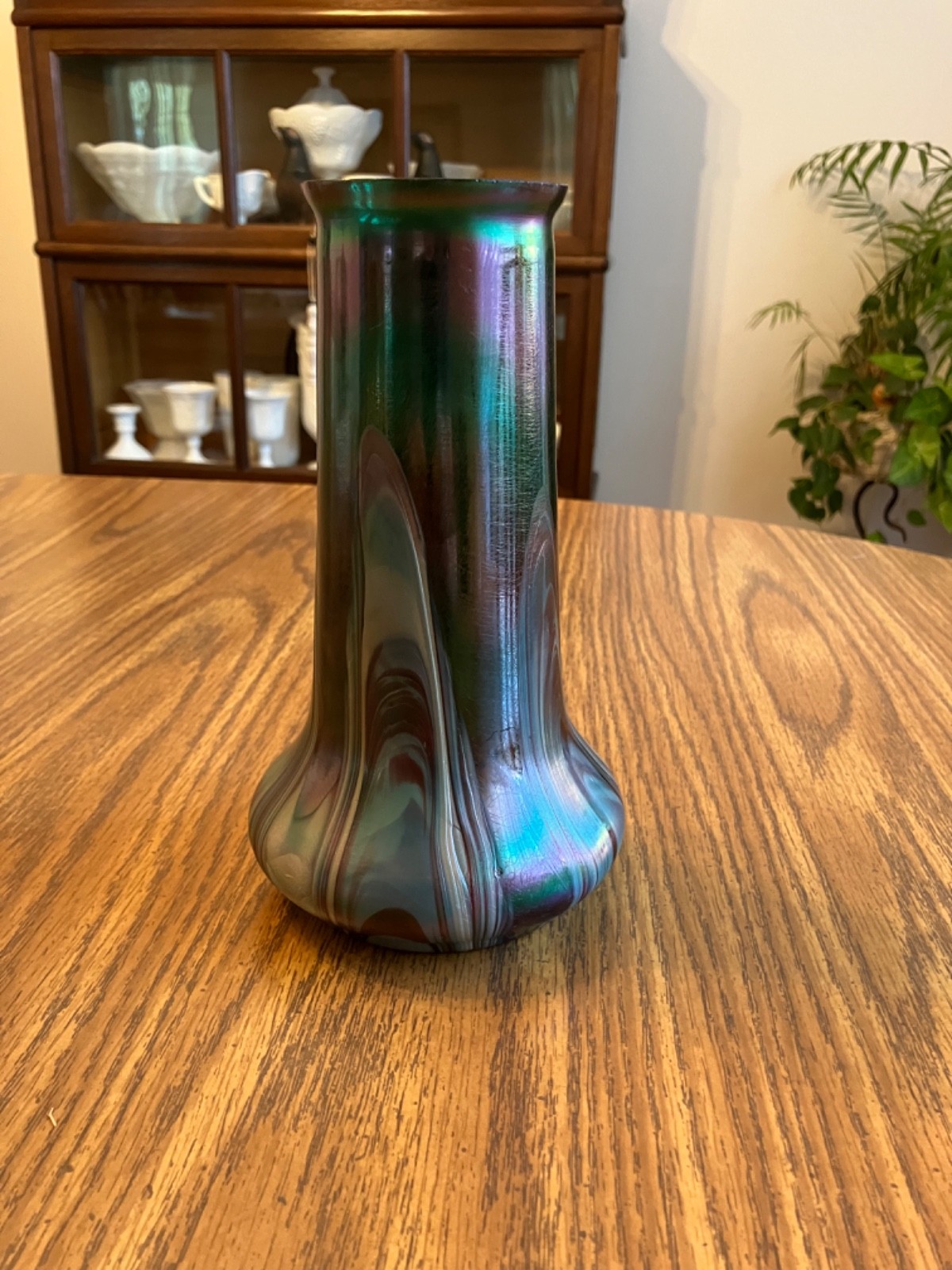 Antique Kralik, Rindskopf Pulled Feather Iridescent Bohemian Art Glass Vase