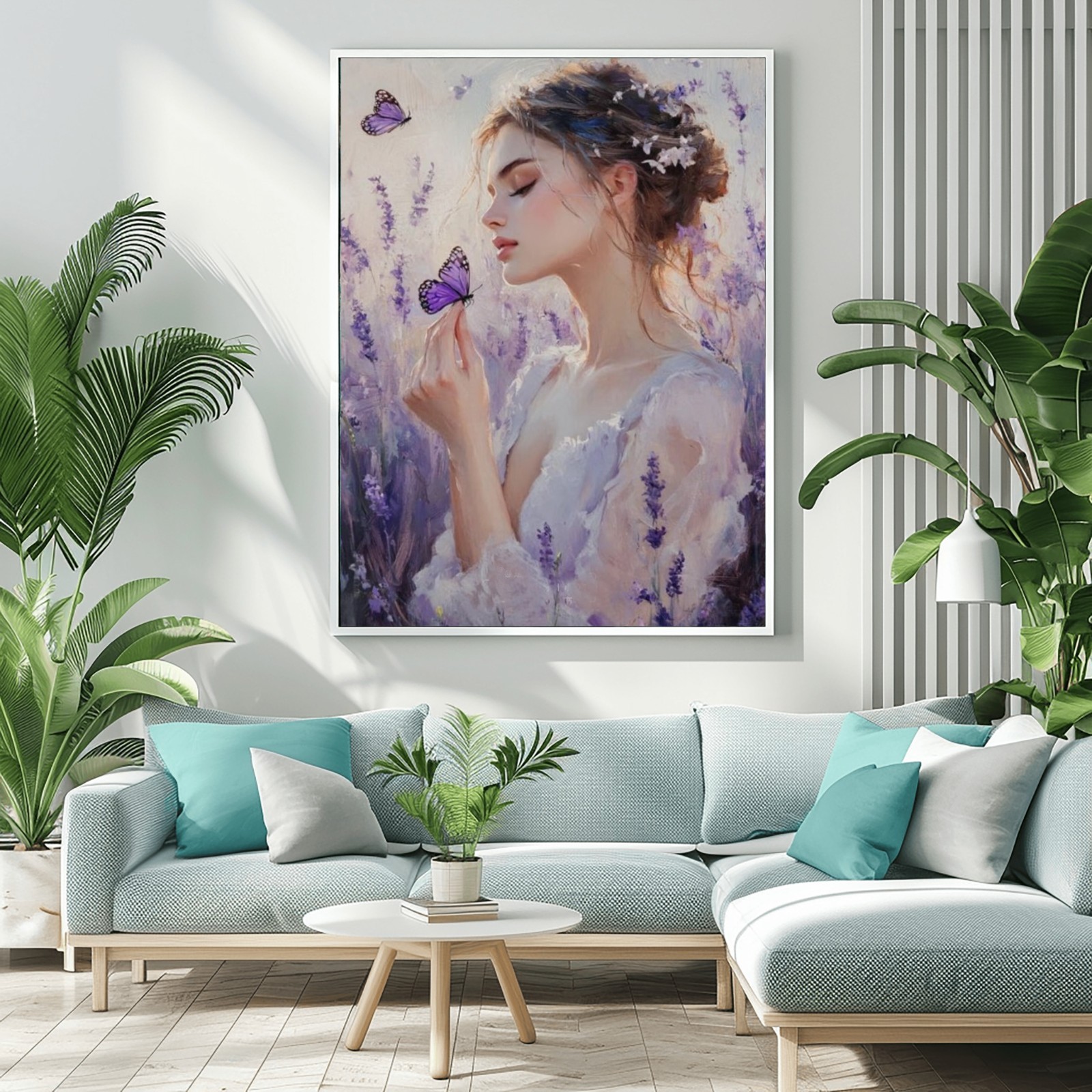 Hand Painted Oil Painting Young Woman Lavender Purple Butterflies Romantic 36\