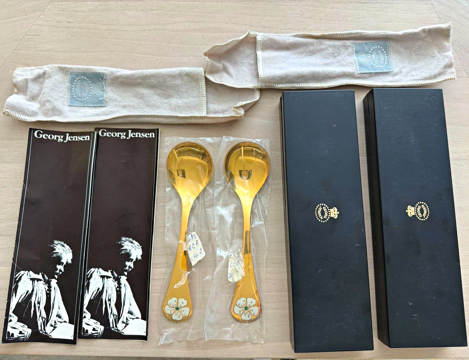 Georg Jensen 1971 Annual Spoon Set of 2 Sterling Silver Cherry Blossom w/ Boxes