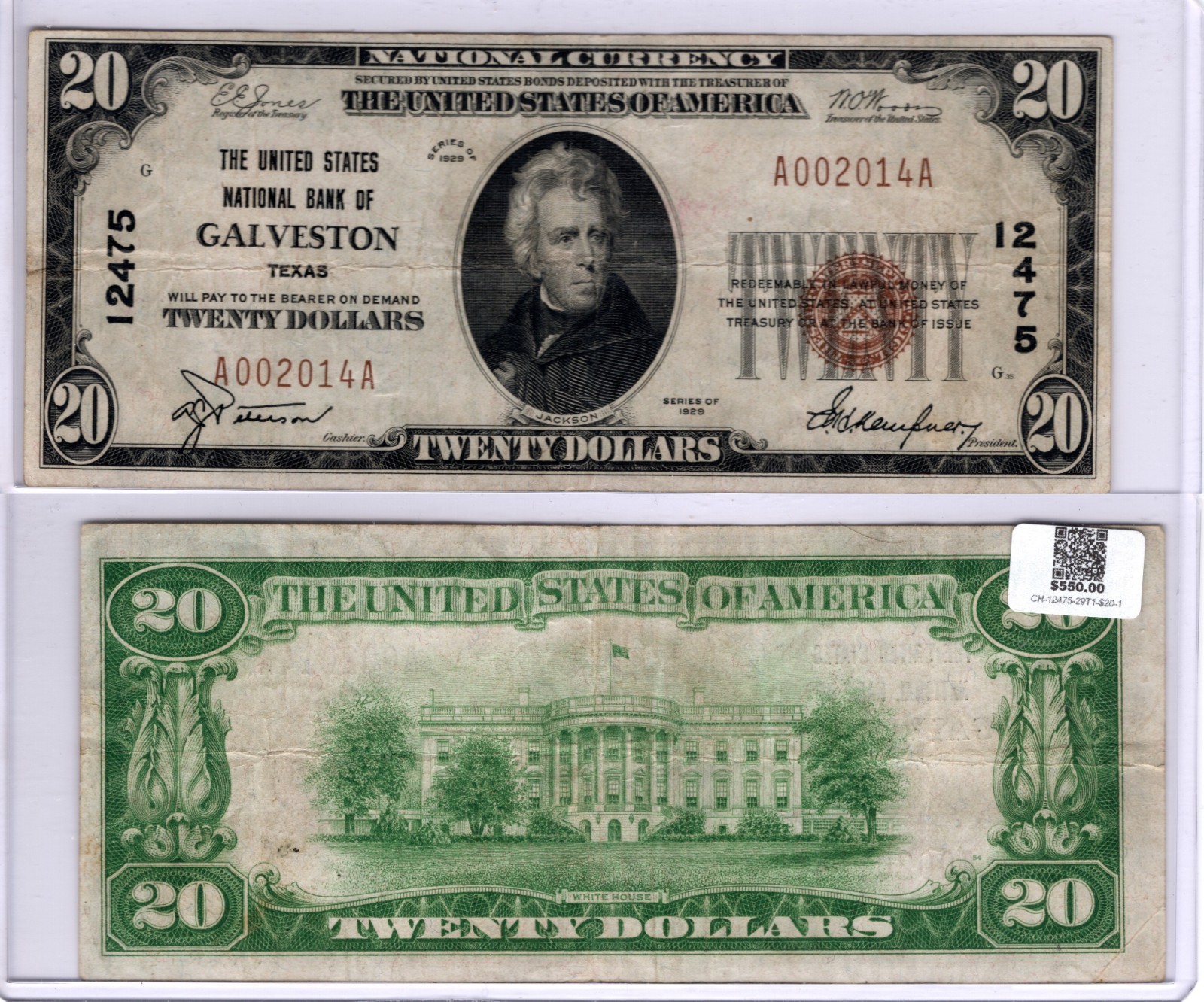 1929 T1 $20 Galveston TX The UNITED STATES National Bank ONLY TX FORBIDDEN TITLE