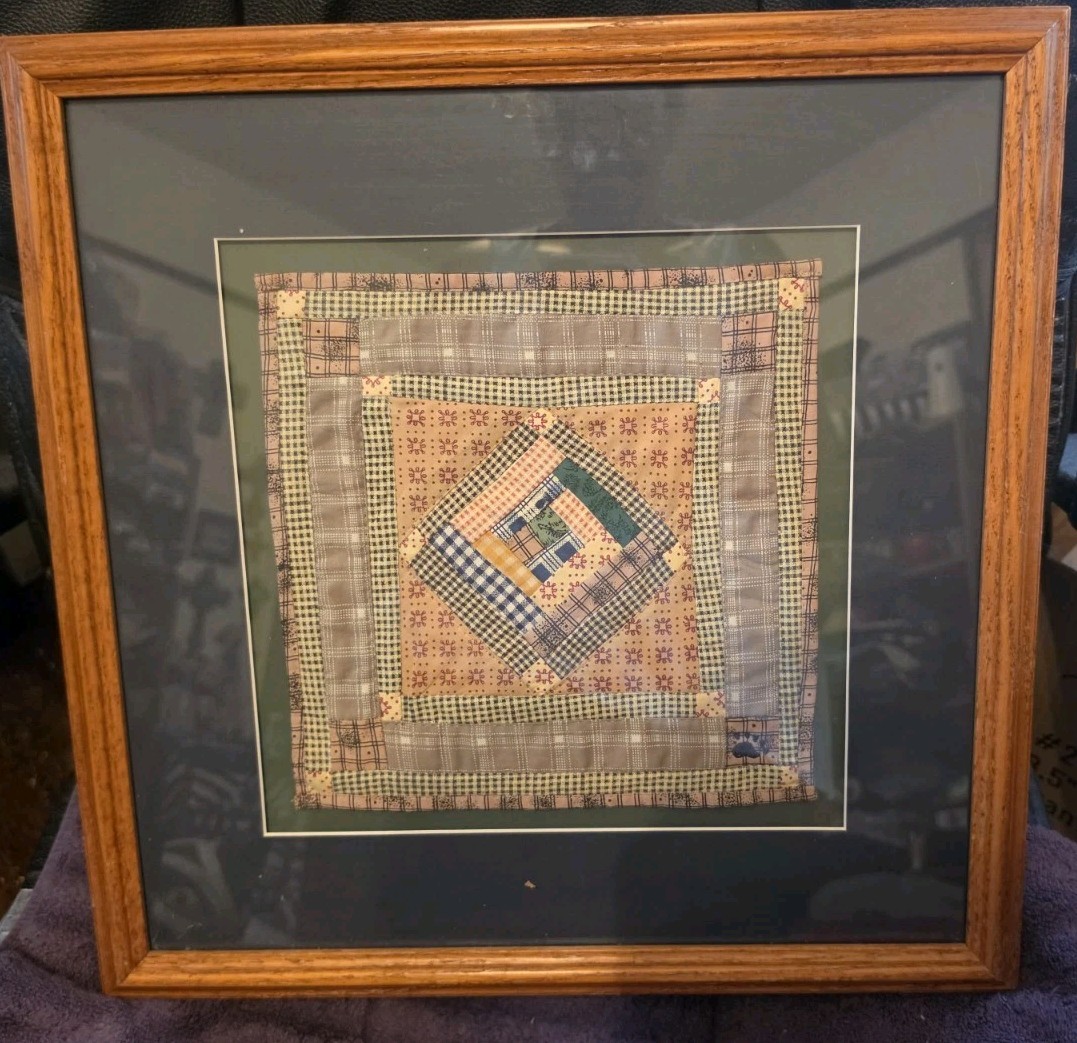 Vintage Finished Needlepoint Quilt Square Professionally Framed