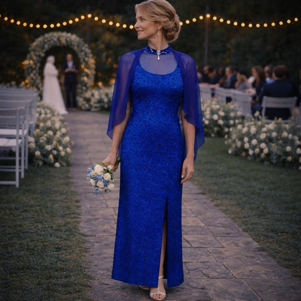 Vintage Cobalt Blue Embroidered Sequin Evening Gown w/ Sheer Cape Overlay Size L