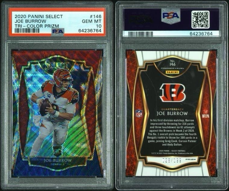 2020 Panini Select - Premier Level Joe Burrow #146 Tri-Color Prizm /199 PSA 10