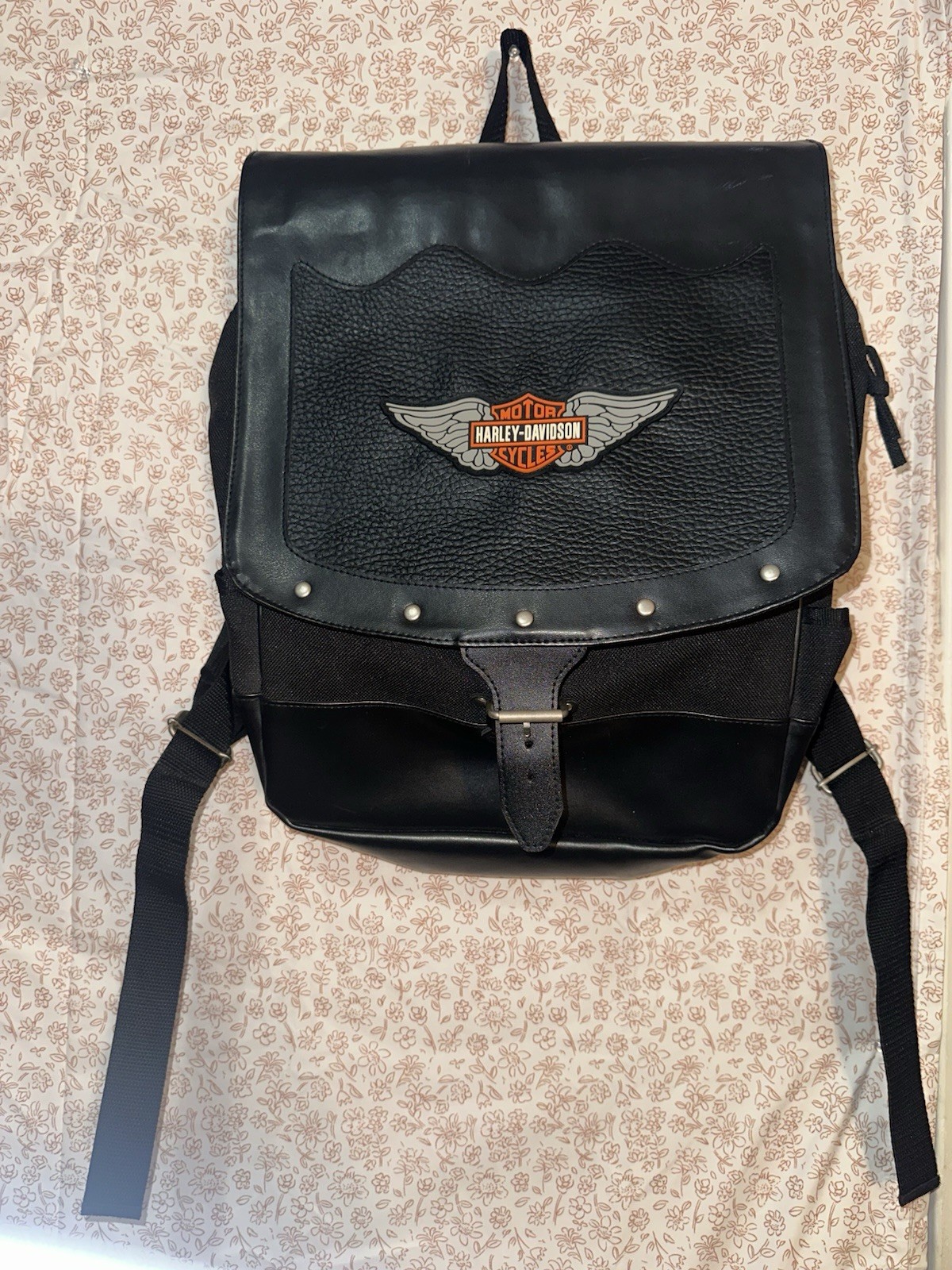Harley Davisons Mead Leather and Canvas Backpack Vintage 90s Black Rare Harley Davisons Mead Leather and Canvas Backpack Vintage 90s Black Rare
